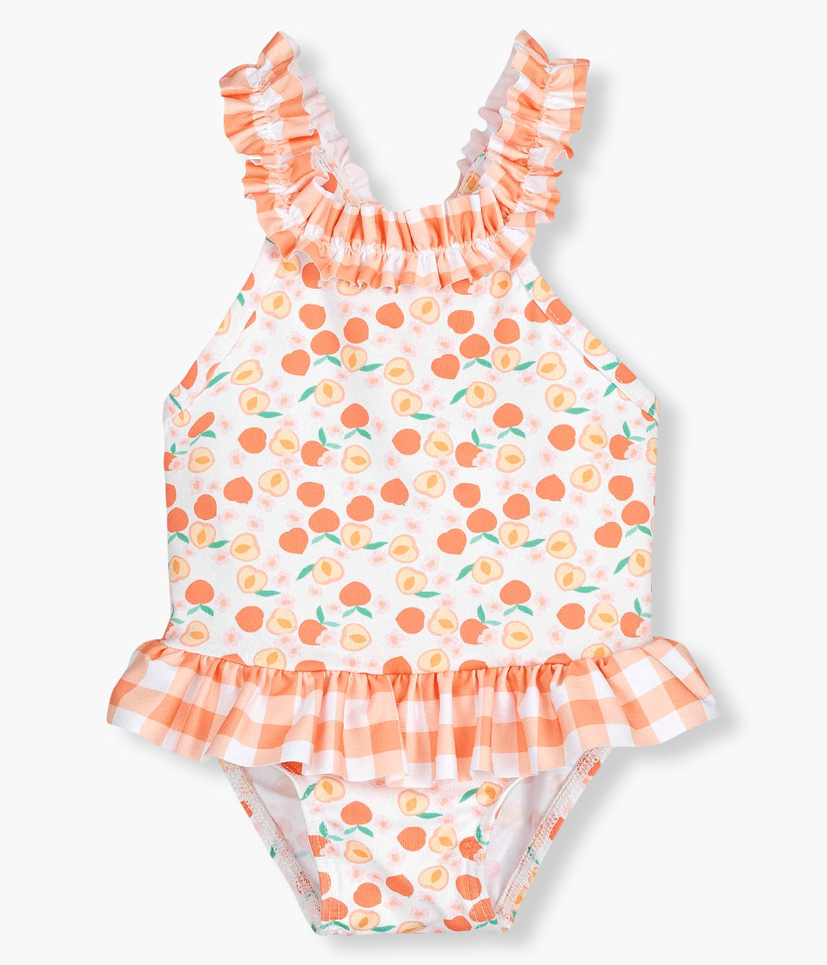 Vista de frente do fato de banho da Calamaro Baby para bebé menina e recém‑nascida. Elegante fato de banho de padrão frutas com folho nos contornos e laço nas costas com padrão vichy.
