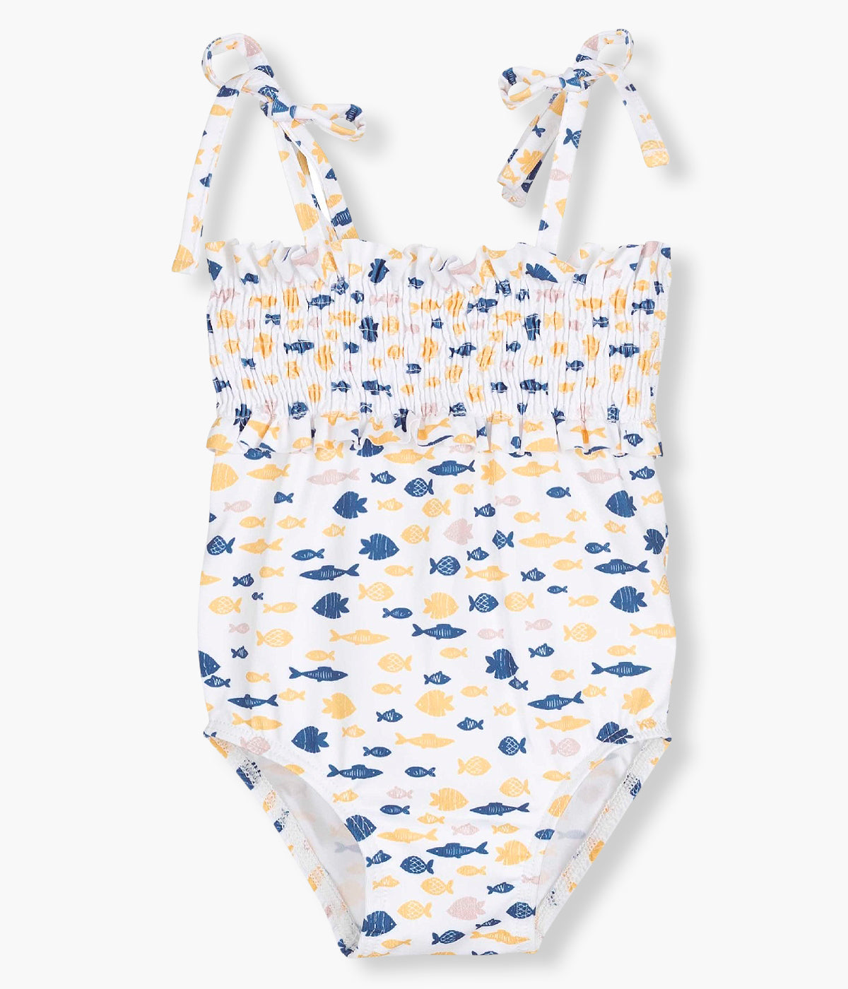 Vista frontal do fato de banho da Calamaro Baby para bebé menina e recém‑nascida. Divertido fato de banho de padrão peixes com elástico com folho no peito.