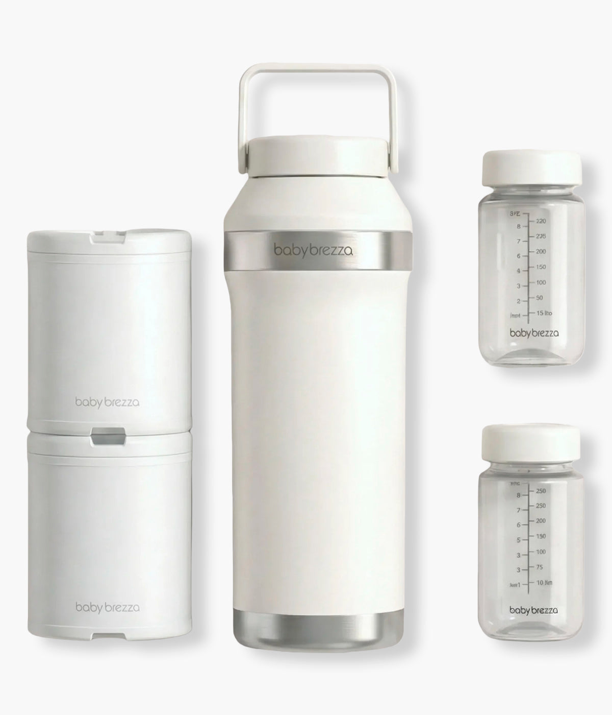 Vista de todos os componentes do refrigerador portátil de leite Materno Baby Brezza All-day Breastmilk Portable Cooler. Prática garrafa térmica com capacidade de 600ml que mantém o leite materno frio até 24 horas, garantindo conservação segura durante todo o dia. Prático, compacto e ideal para mães que extraem leite em casa, no trabalho ou em viagem.