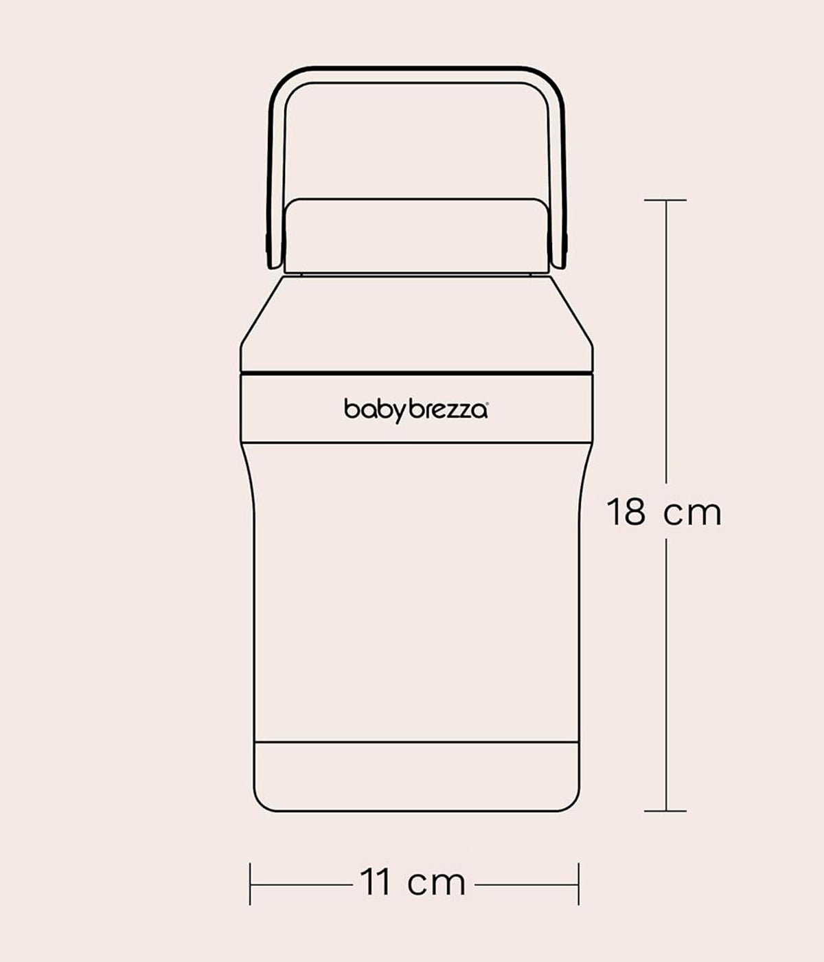 Vista das dimensoes do refrigerador portátil de leite Materno Baby Brezza All-day Breastmilk Portable Cooler. Prática garrafa térmica com capacidade de 300ml que mantém o leite materno frio até 24 horas, garantindo conservação segura durante todo o dia. Prático, compacto e ideal para mães que extraem leite em casa, no trabalho ou em viagem.