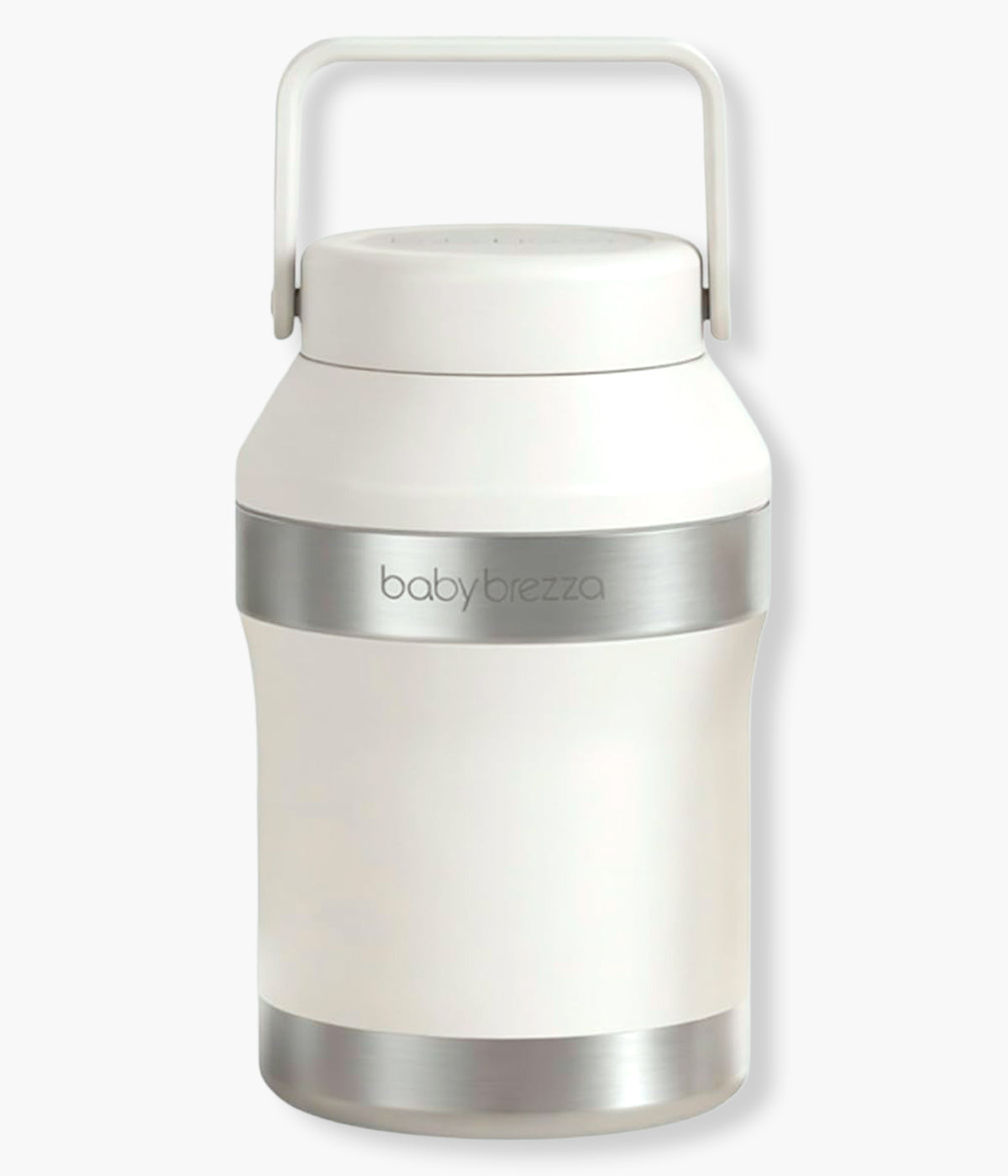 Vista de frente do refrigerador portátil de leite Materno Baby Brezza All-day Breastmilk Portable Cooler. Prática garrafa térmica com capacidade de 300ml que mantém o leite materno frio até 24 horas, garantindo conservação segura durante todo o dia. Prático, compacto e ideal para mães que extraem leite em casa, no trabalho ou em viagem.