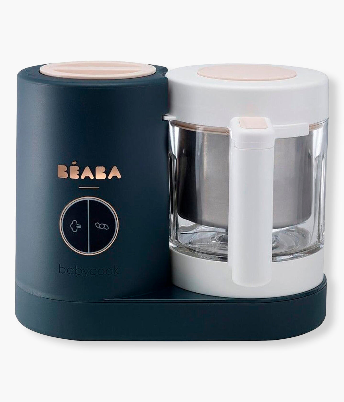 Vista frontal do Robô de Cozinha Babycook Néo da Béaba na cor Night Blur. Inteligente robô de cozinha premium para bebé 6 em 1 que cozinha a vapor, tritura, descongela, aquece refeições, aquece biberões e esteriliza acessórios. Fabricado em França com materiais duráveis como vidro e aço inoxidável, permite preparar refeições saudáveis para o bebé preservando os nutrientes, sabores e texturas dos alimentos.