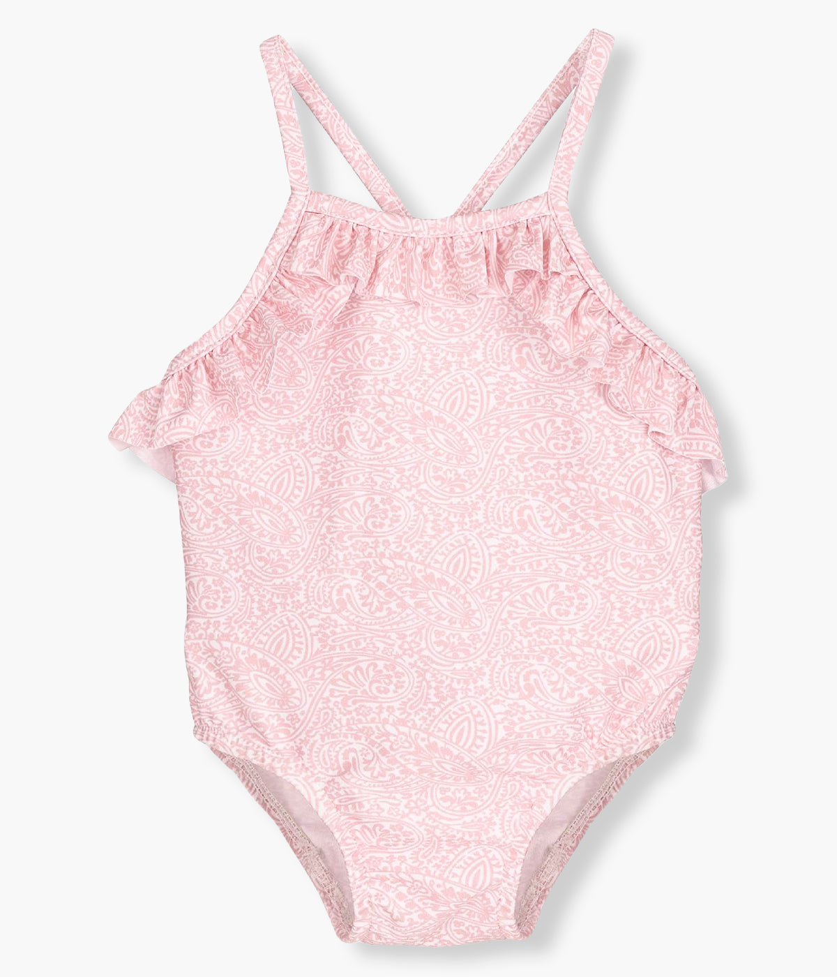 Vista de frente do fato de banho da Calamaro Baby para bebé menina e recém‑nascida. Elegante fato de banho com padrão mandalas e folho a toda a volta.