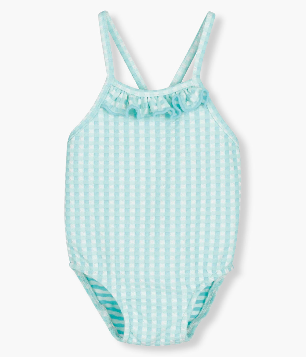 Vista de frente do fato de banho da Calamaro Baby para bebé menina e recém‑nascida. Elegante fato de banho com padrão vichy verde e branco e laço nas costas.