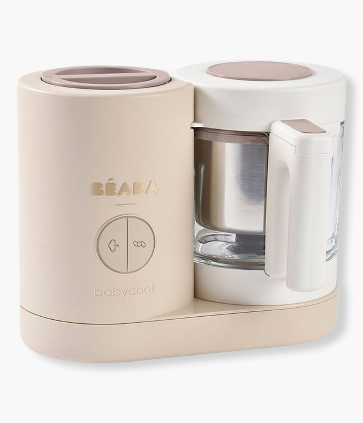 Vista lateral do robô de Cozinha Babycook Néo da Béaba na cor Clay Earth (bege). Inteligente robô de cozinha premium para bebé 6 em 1 que cozinha a vapor, tritura, descongela, aquece refeições, aquece biberões e esteriliza acessórios.