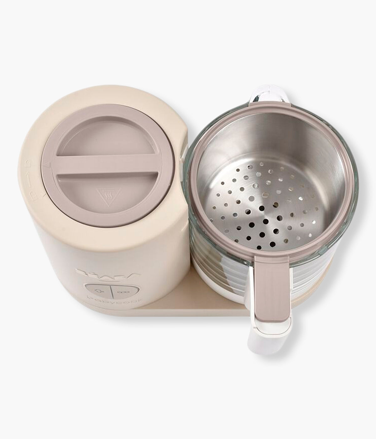 Vista de cima e aberto do robô de Cozinha Babycook Néo da Béaba na cor Clay Earth (bege). Inteligente robô de cozinha premium para bebé 6 em 1 que cozinha a vapor, tritura, descongela, aquece refeições, aquece biberões e esteriliza acessórios.