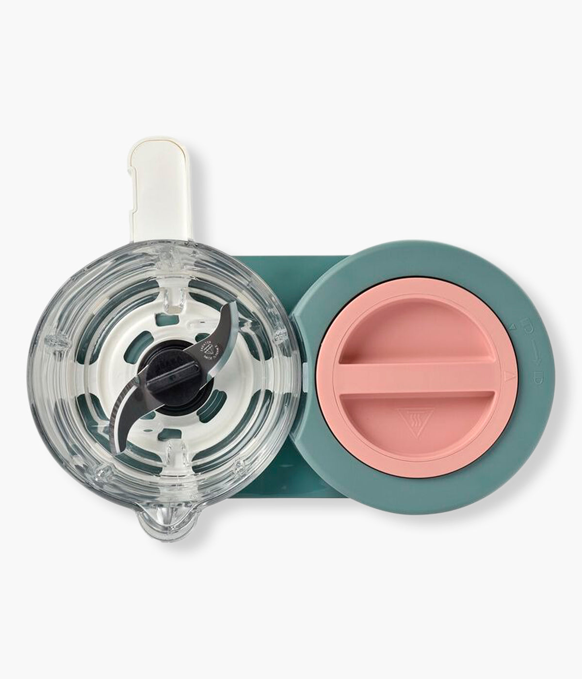Vista de cima do Robô de Cozinha Babycook Néo da Béaba na cor Eucalyptus (verde) aberto com lamina à vista. Inteligente robô de cozinha premium para bebé 6 em 1 que cozinha a vapor, tritura, descongela, aquece refeições, aquece biberões e esteriliza acessórios.