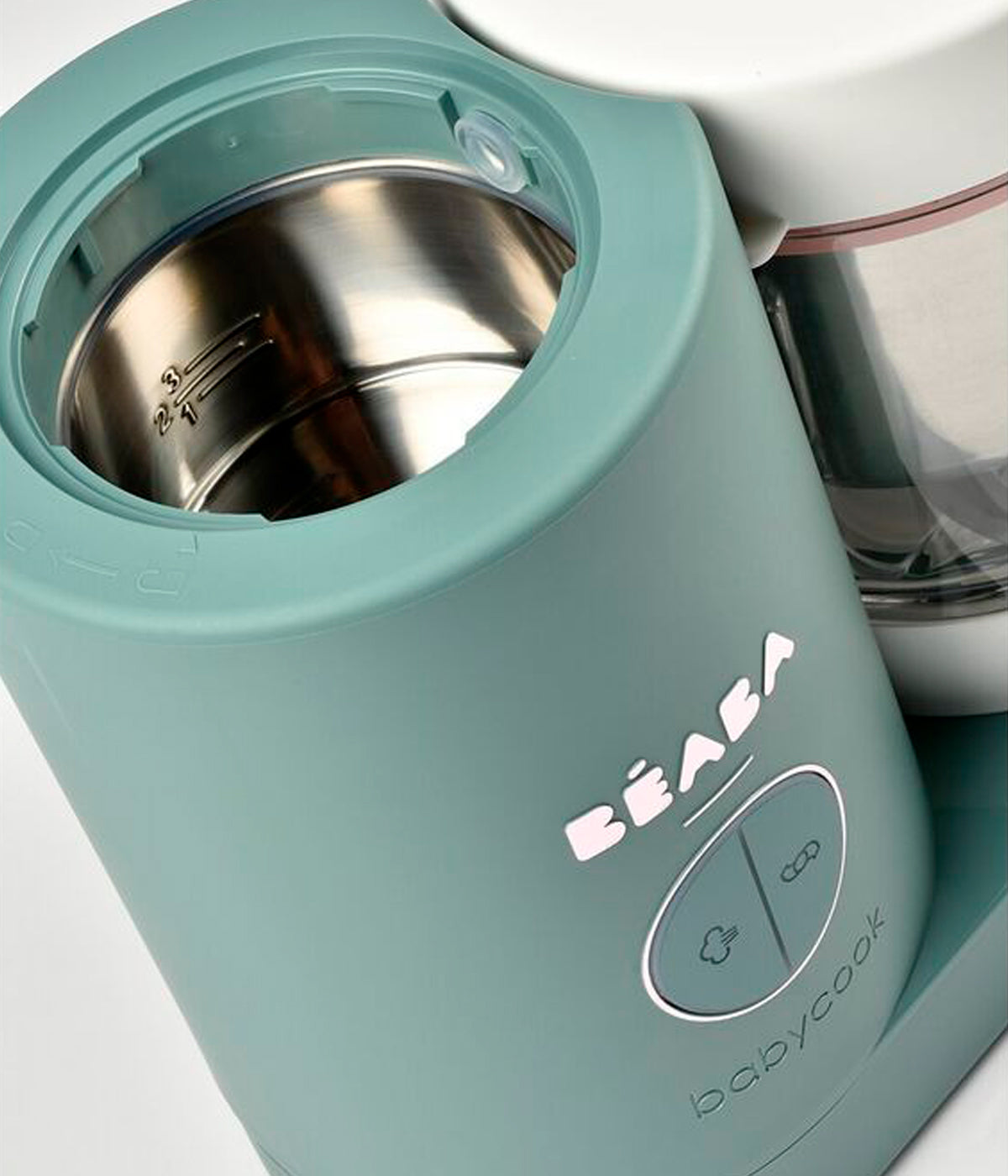 Vista frontal do Robô de Cozinha Babycook Néo da Béaba na cor Eucalyptus (verde). Inteligente robô de cozinha premium para bebé 6 em 1 que cozinha a vapor, tritura, descongela, aquece refeições, aquece biberões e esteriliza acessórios.