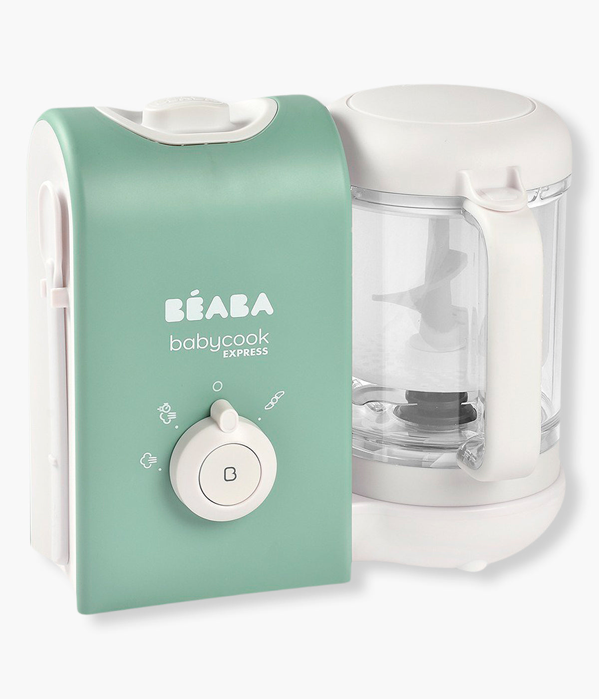 Vista frontal do robô de cozinha para bebé Babycook Express da Béaba na cor Sage Green (verde).