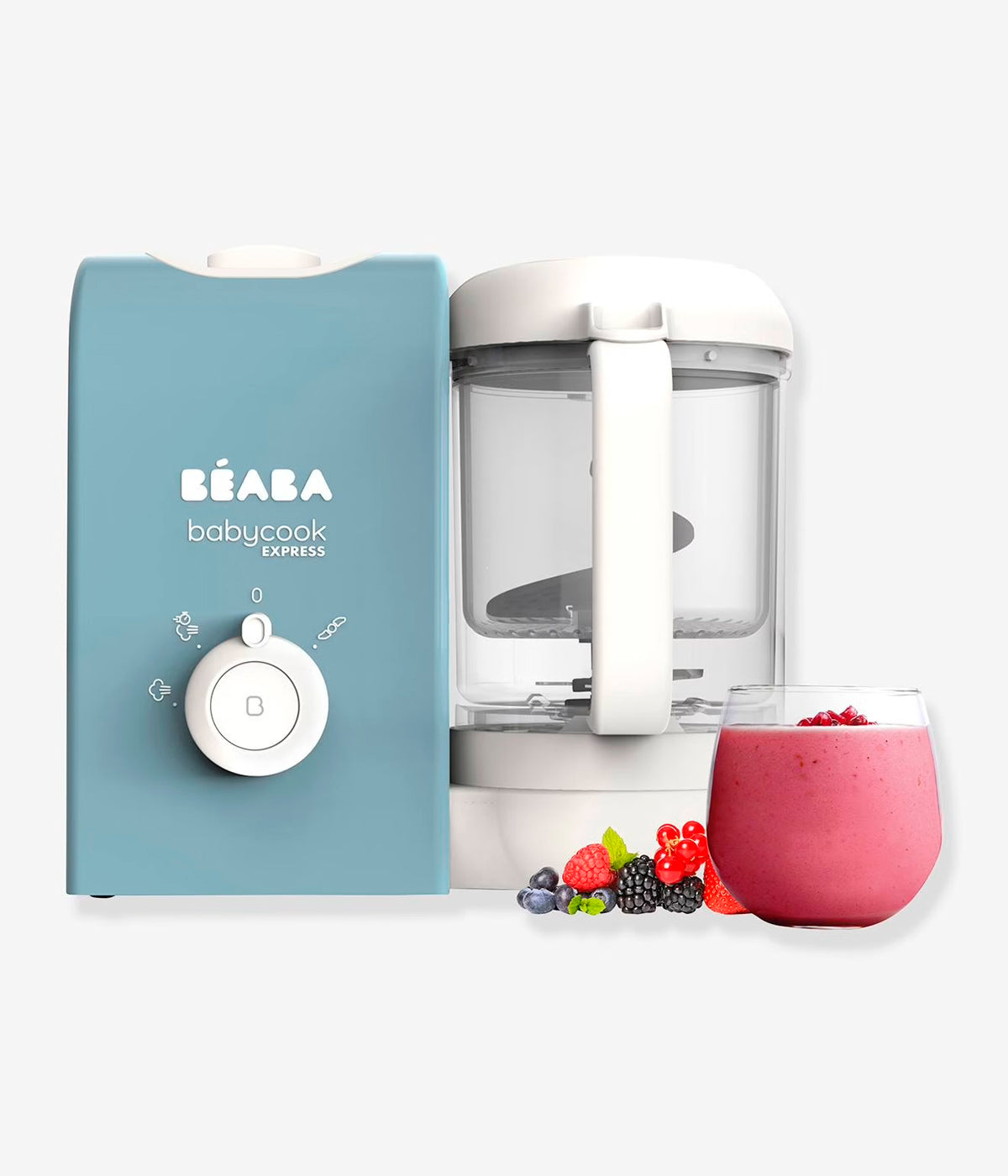 Vista frontal do robô de cozinha para bebé Babycook Express da Béaba na cor Baltic Blue (azul).