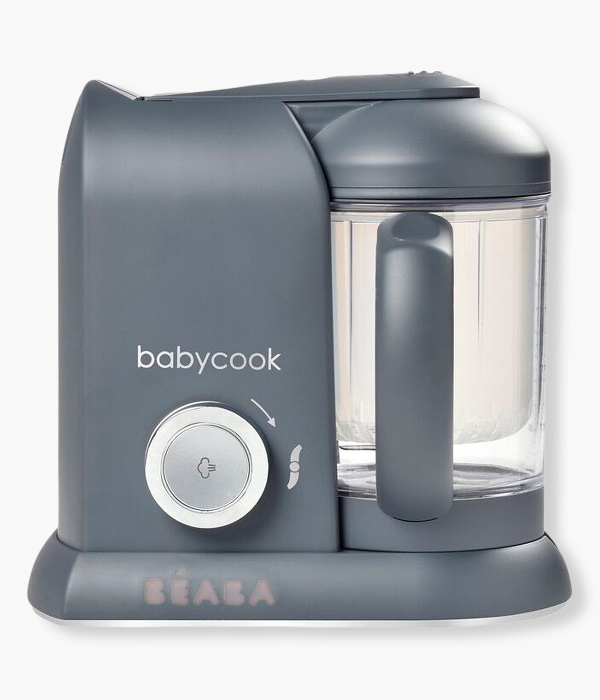 Vista frontal do Robô de cozinha para bebé 4 em 1 Baby Cook Solo da Béaba na cor Dark Grey. Robô de cozinha 4 em 1 que cozinha a vapor, tritura, descongela e aquece alimentos. Com uma taça XL de 1100 ml e um funcionamento simples através de um único botão, permite preparar refeições caseiras saudáveis para o bebé de forma rápida, prática e sem complicações.