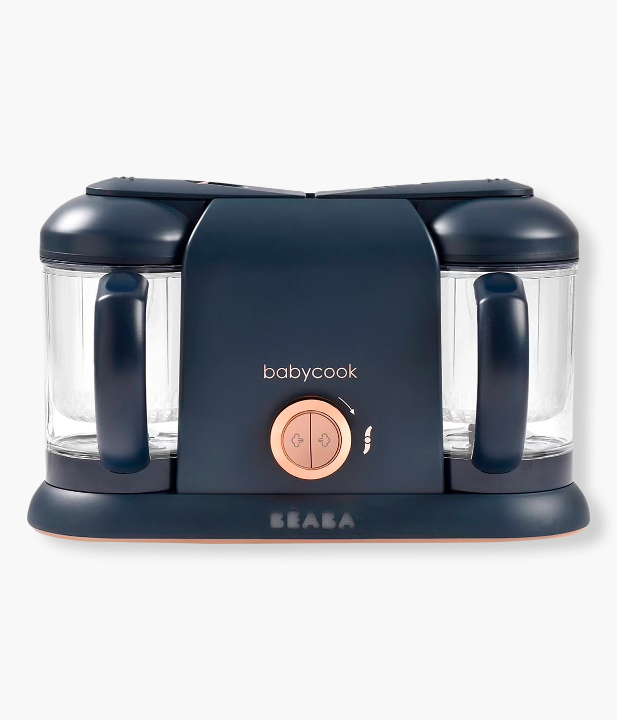 Vista frontal do robô de Cozinha Babycook Néo da Béaba na cor Night Blue (azul índigo). Robô de cozinha infantil multifunções 6 em 1 que cozinha a vapor, tritura, descongela, aquece refeições, aquece biberões e esteriliza acessórios. Com duas taças independentes e capacidade XXL, permite preparar duas receitas em simultâneo de forma prática, rápida e eficiente.