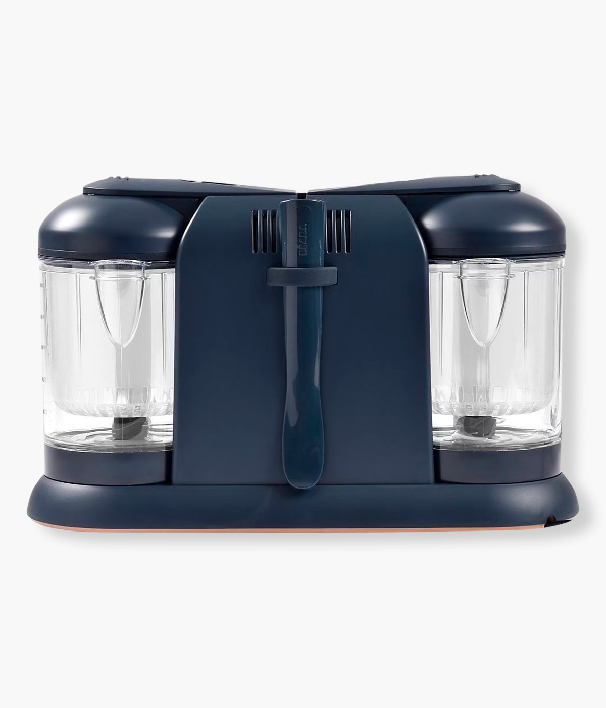 Vista de trás do robô de Cozinha Babycook Néo da Béaba na cor Night Blue (azul índigo). Robô de cozinha infantil multifunções 6 em 1 que cozinha a vapor, tritura, descongela, aquece refeições, aquece biberões e esteriliza acessórios. Com duas taças independentes e capacidade XXL, permite preparar duas receitas em simultâneo de forma prática, rápida e eficiente.