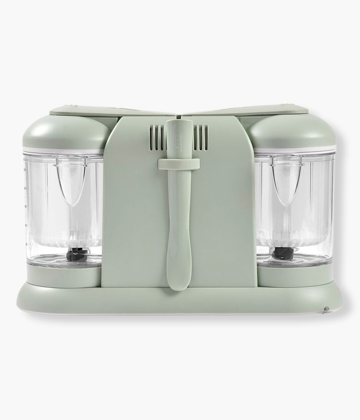 Vista de tras do Robô de Cozinha Babycook Duo da Béaba na cor Misty Green (verde). Robô de cozinha infantil multifunções 6 em 1 que cozinha a vapor, tritura, descongela, aquece refeições, aquece biberões e esteriliza acessórios. Com duas taças independentes e capacidade XXL, permite preparar duas receitas em simultâneo de forma prática, rápida e eficiente.