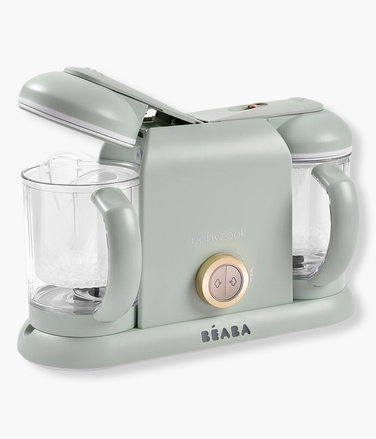 Vista lateral do Robô de Cozinha Babycook Duo da Béaba na cor Misty Green (verde). Robô de cozinha infantil multifunções 6 em 1 que cozinha a vapor, tritura, descongela, aquece refeições, aquece biberões e esteriliza acessórios. Com duas taças independentes e capacidade XXL, permite preparar duas receitas em simultâneo de forma prática, rápida e eficiente.