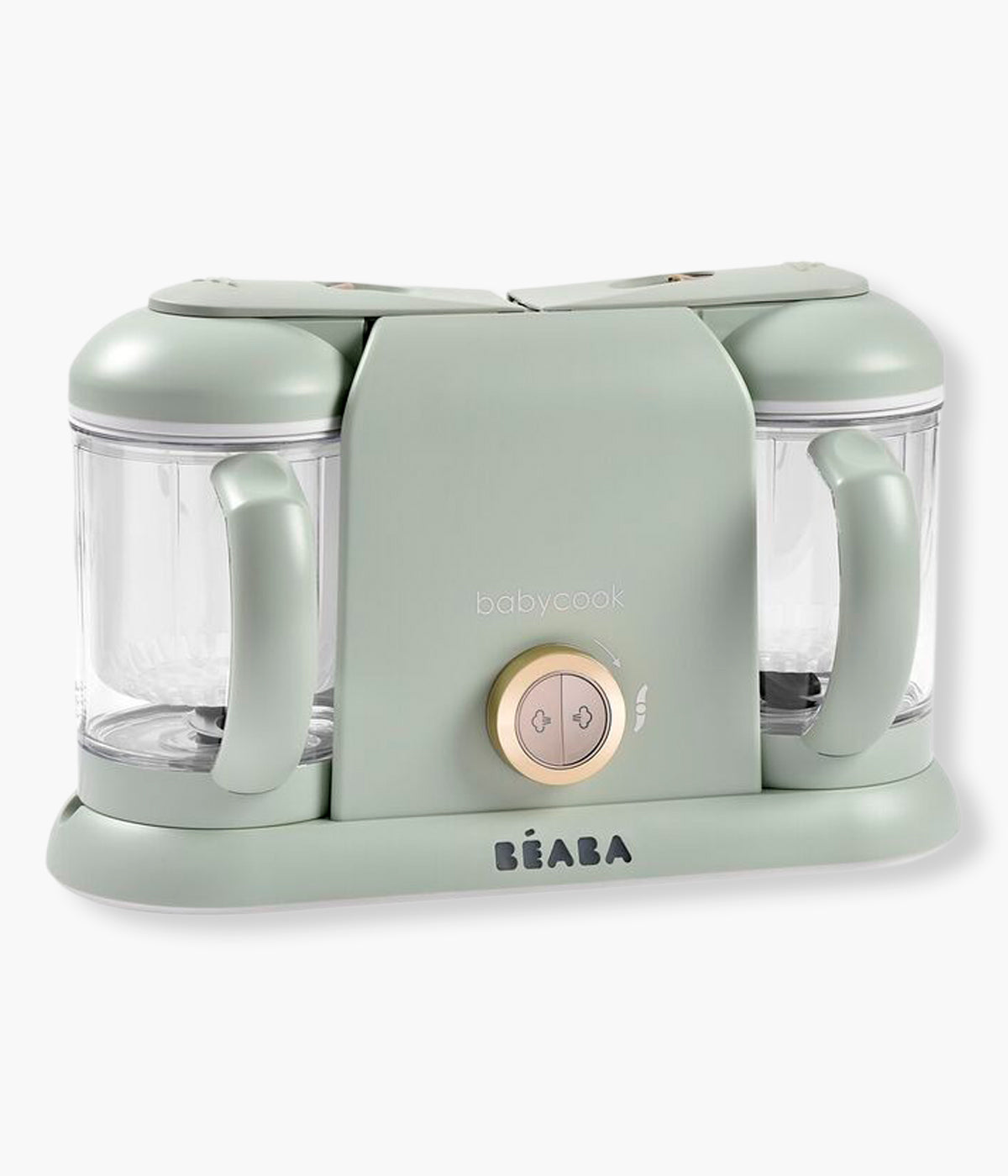 Vista frontal do Robô de Cozinha Babycook Duo da Béaba na cor Misty Green (verde). Robô de cozinha infantil multifunções 6 em 1 que cozinha a vapor, tritura, descongela, aquece refeições, aquece biberões e esteriliza acessórios. Com duas taças independentes e capacidade XXL, permite preparar duas receitas em simultâneo de forma prática, rápida e eficiente.