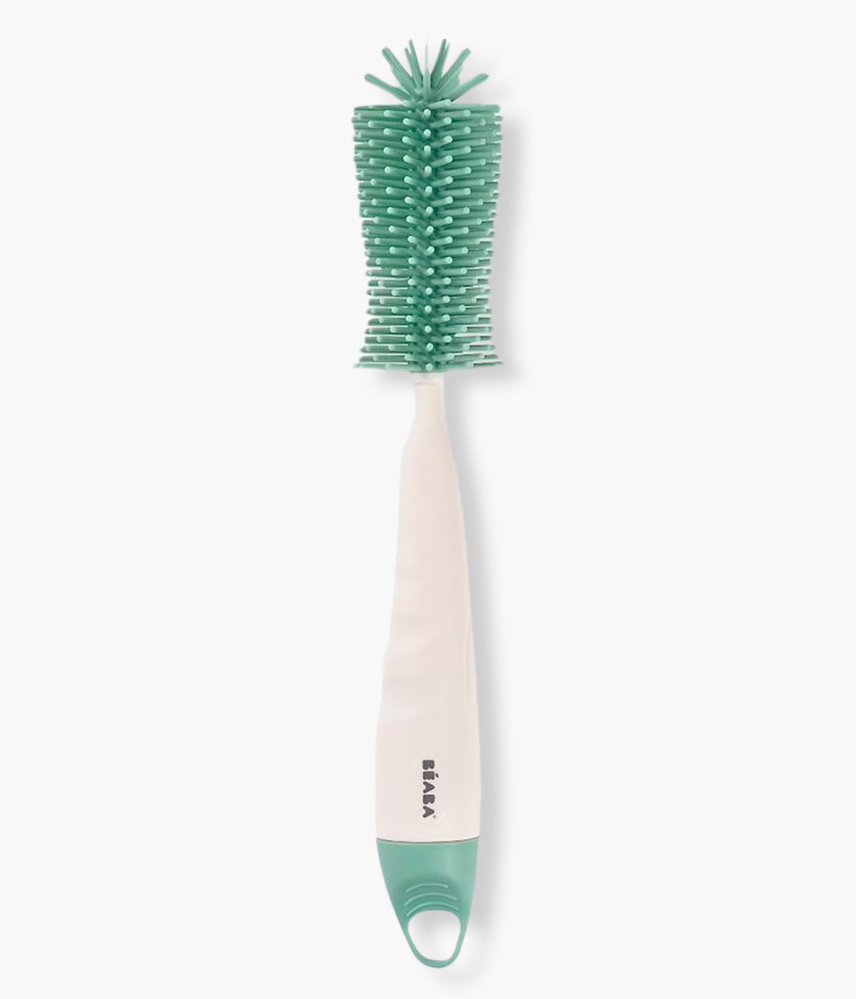 Vista frontal da escova limpa-biberões em silicone da Béaba na cor verde.