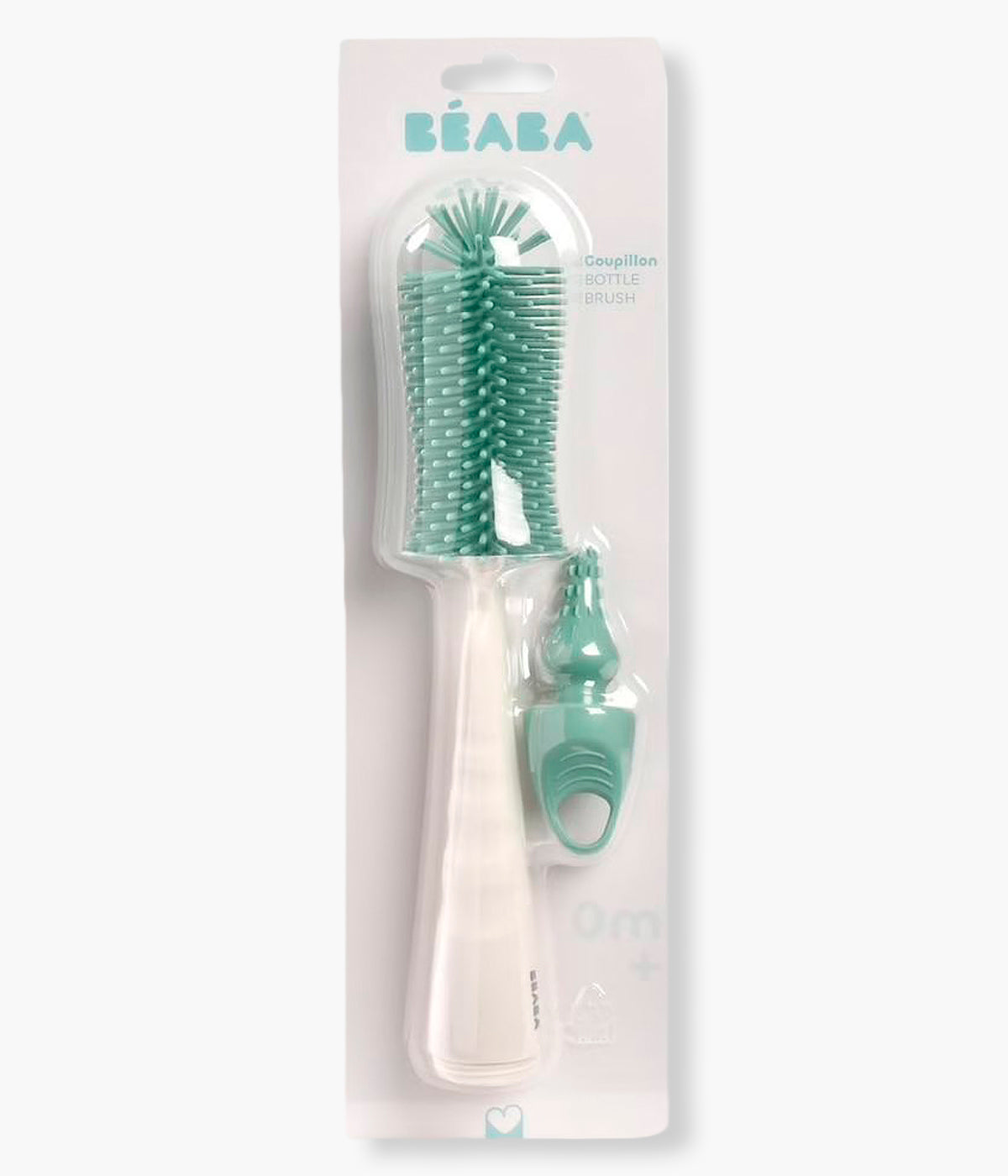 Vista frontal da escova limpa-biberões em silicone da Béaba na cor verde. Desenvolvida para limpar eficazmente biberões, tetinas e acessórios sem riscar, esta escova possui cerdas macias, ponta integrada para peças pequenas e cabo ergonómico, garantindo assim uma higiene completa e prática no dia-a-dia.