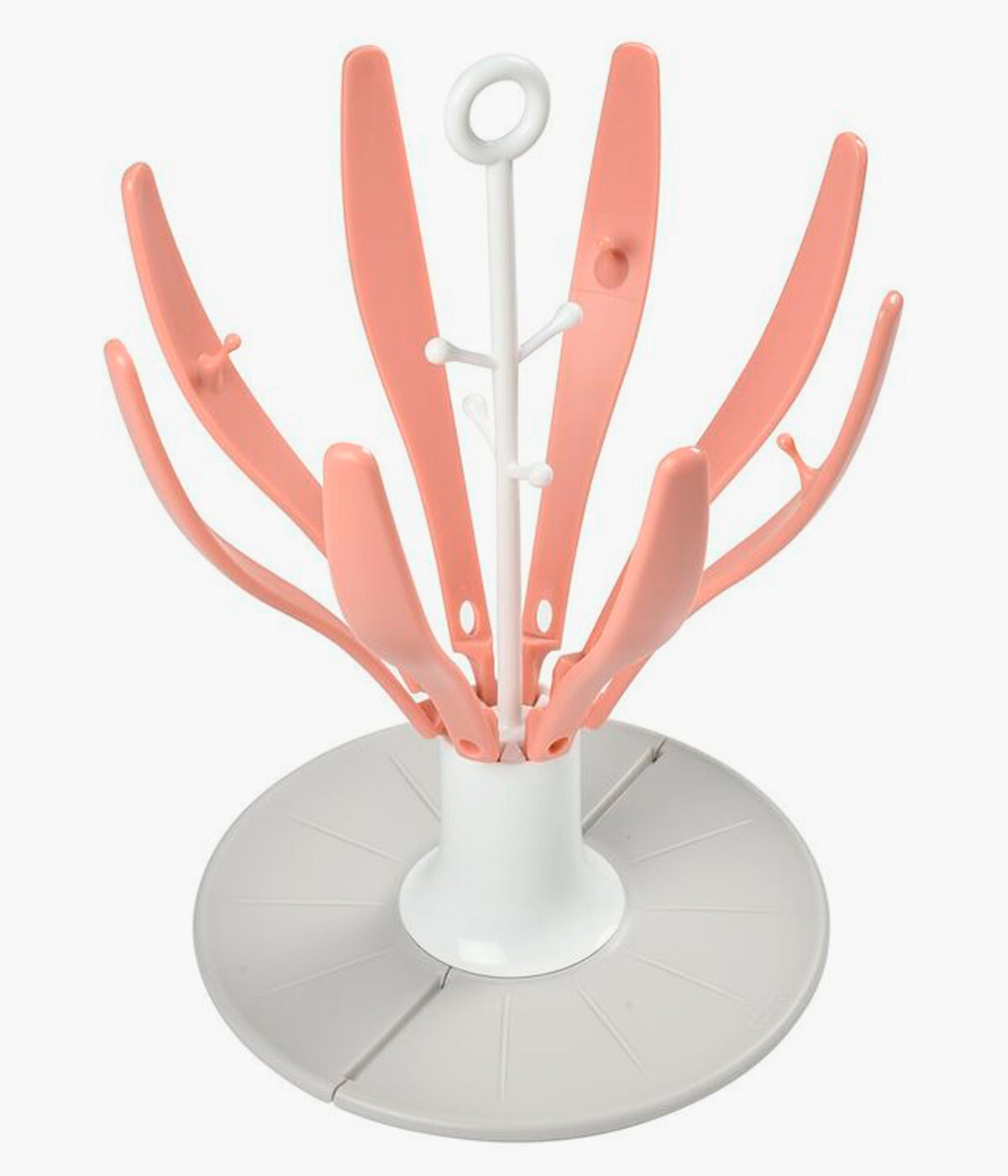 Vista frontal e aberta do escorredor de biberões Flower da Béaba na cor rosa. Prático escorredor dobrável que permite secar biberões e acessórios de forma higiénica, ocupando pouco espaço. Compacto e fácil de transportar, dobra-se completamente para acompanhar as famílias dentro e fora de casa.