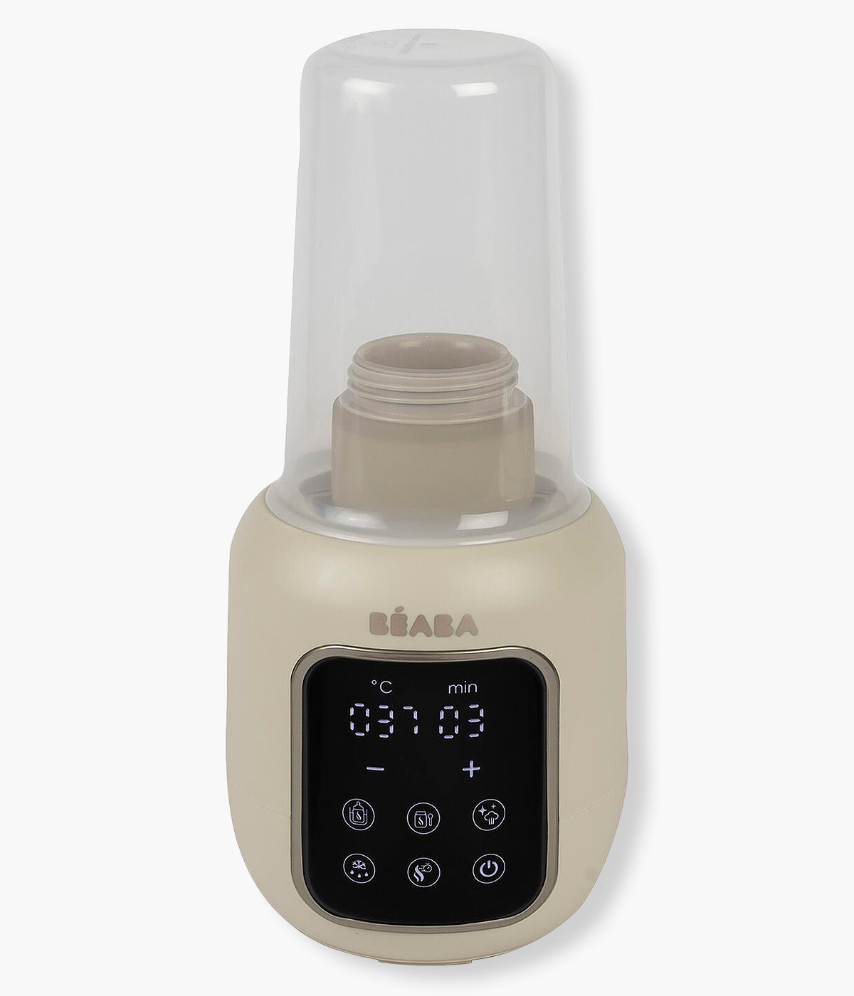 Vista frontal do Aquecedor de biberões Multi Milk da Béaba na cor Clay Earth (bege). Prático aquecedor e esterilizador multifunções com 5 programas integrados que permitem aquecer biberões e boiões, descongelar leite materno e esterilizar acessórios de forma prática, rápida e segura. O ecrã tátil intuitivo e o aquecimento homogéneo tornam a rotina diária mais simples.