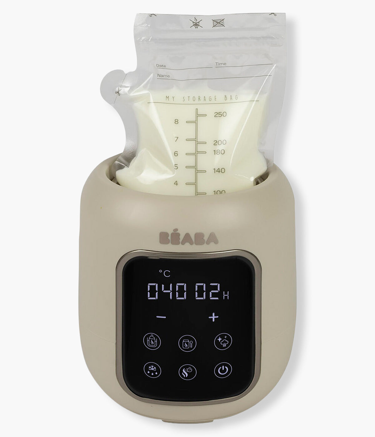 Vista frontal do Aquecedor de biberões Multi Milk da Béaba na cor Clay Earth (bege) a descongelar leite materno.