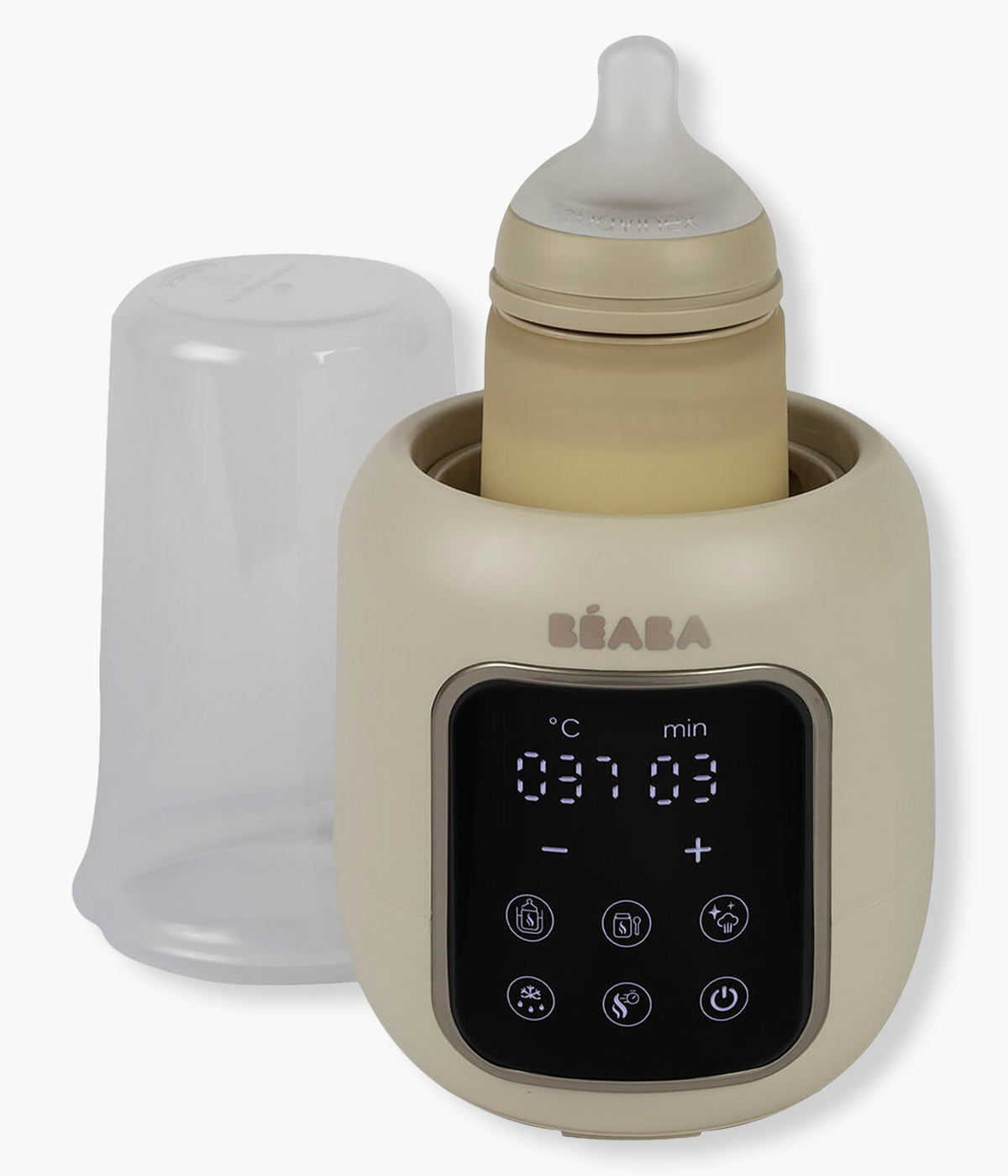 Vista frontal do Aquecedor de biberões Multi Milk da Béaba na cor Clay Earth (bege) a aquecer biberões.