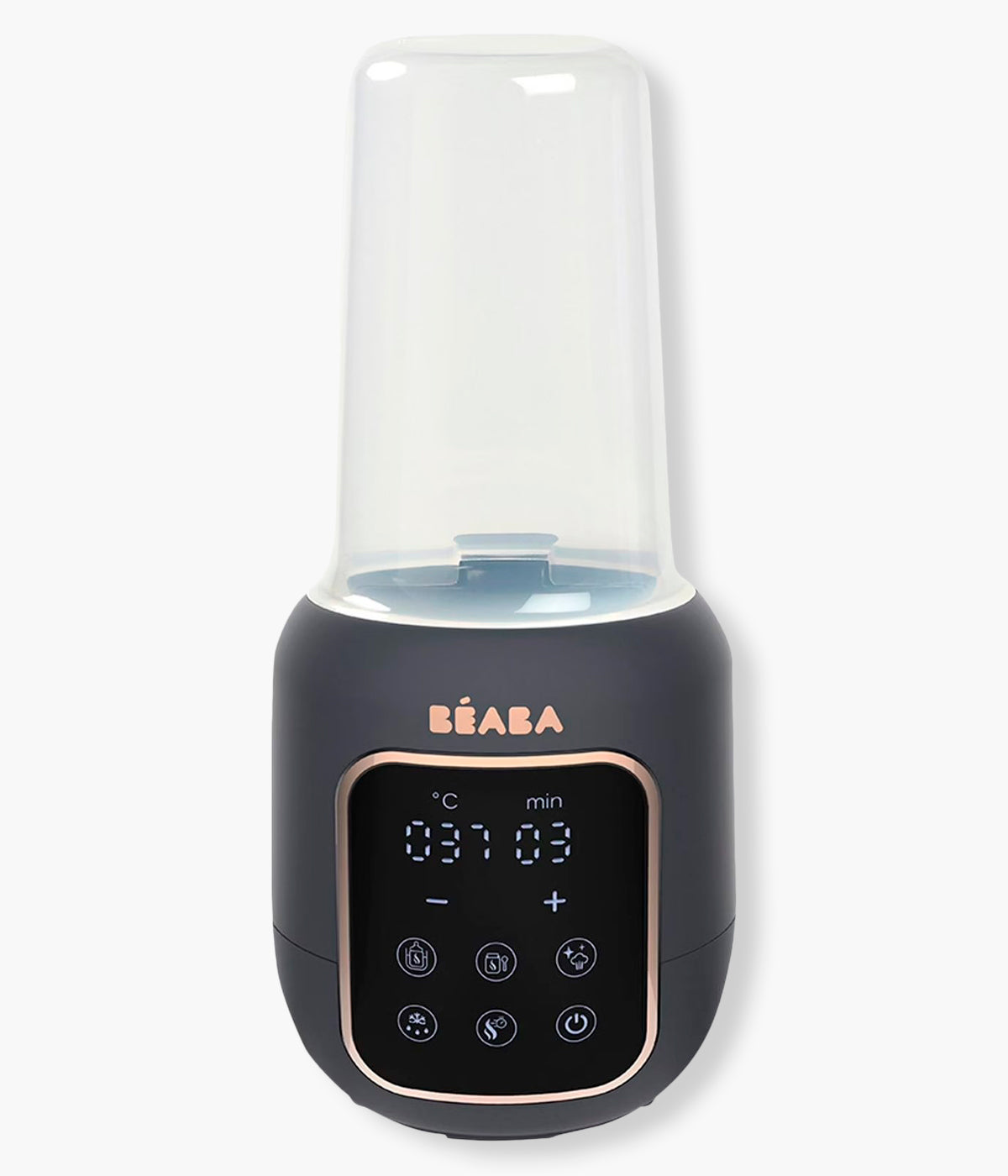 Aquecedor de biberões Multi Milk da Béaba na cor Night Blue (azul índigo). Prático aquecedor e esterilizador multifunções com 5 programas integrados que permitem aquecer biberões e boiões, descongelar leite materno e esterilizar acessórios de forma prática, rápida e segura. O ecrã tátil intuitivo e o aquecimento homogéneo tornam a rotina diária mais simples.