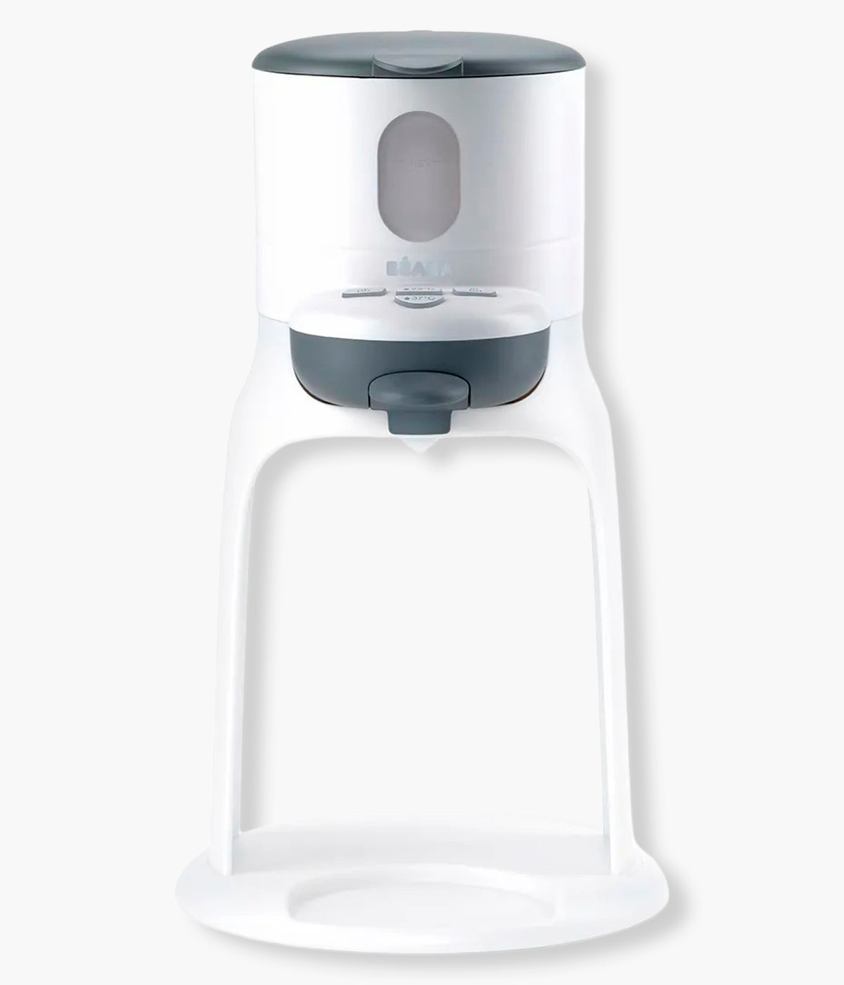 Vista frontal do aquecedor de água para biberões Bib'Expresso da Béaba na cor White Grey (branco e cinza). Prático aparelho que aquece rapidamente a água à temperatura ideal em apenas 30 segundos, com funcionamento intuitivo e utilização com uma só mão, permitindo preparar biberões de forma simples e precisa. Inclui ainda função banho-maria para aquecer biberões já preparados e boiões de comida, num design compacto e fácil de transportar.