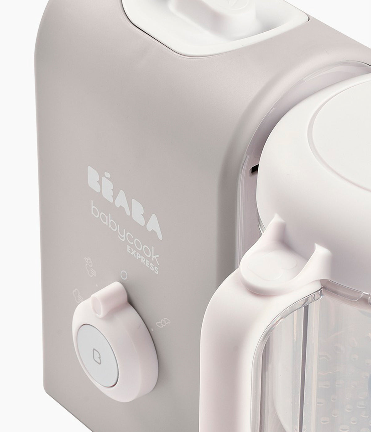Vista detalhada do robô de cozinha para bebé Babycook Express da Béaba na cor Velvet Grey (cinza).