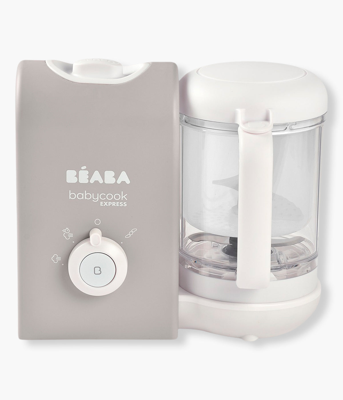 Vista de frente do robô de cozinha para bebé Babycook Express da Béaba na cor Velvet Grey (cinza). Descubra o robô de cozinha infantil mais rápido da gama Beabá. Com funções de cozinhar a vapor, triturar, descongelar e aquecer, prepara refeições caseiras para o bebé em menos de 15 minutos. A sua tecnologia exclusiva de cozedura e mistura garante resultados homogéneos, preservando os nutrientes e os sabores naturais dos alimentos.