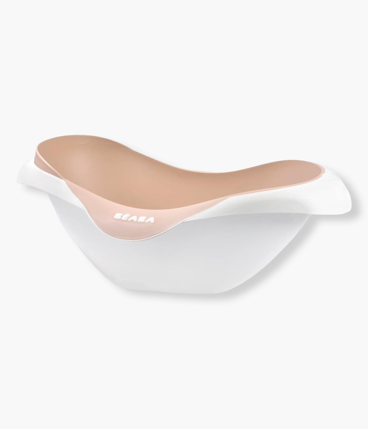 Vista frontal da banheira para bebé Camélé'o da Béaba na cor Clay Earth (bege). Elegante banheira que combina conforto, segurança e sustentabilidade. Fabricada em França com materiais reciclados, oferece uma experiência de banho prática e confortável graças à sua superfície antiderrapante, tampa de drenagem e suporte para chuveiro integrado.