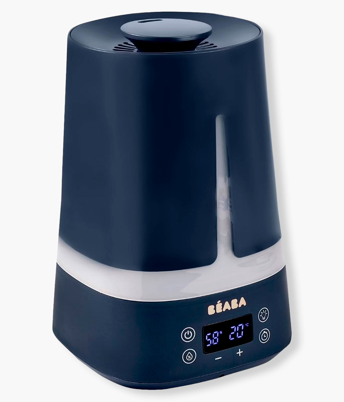 Vista lateral do humidificador para bebé Zen Air da Béaba na cor Night Blue. Prático humificador que ajuda a manter um nível de humidade ideal no quarto do bebé, promovendo maior conforto respiratório. Com autonomia até 27 horas, luz de presença multicolor e funcionamento silencioso, cria um ambiente saudável e relaxante durante o dia e a noite.