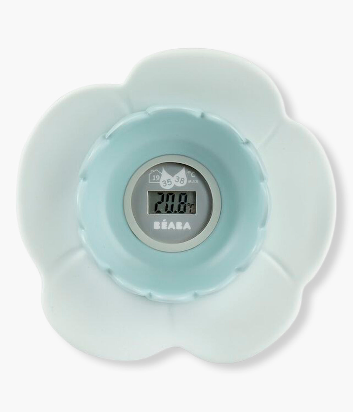 Vista frontal do termómetro Digital de Banho e Ambiente Lotus da Béaba na cor Green Blue (azul e verde). Prático termómetro&nbsp;digital multifunções que mede a temperatura da água do banho e do ambiente, com design flutuante em forma de flor de lótus, seguro e fácil de utilizar.