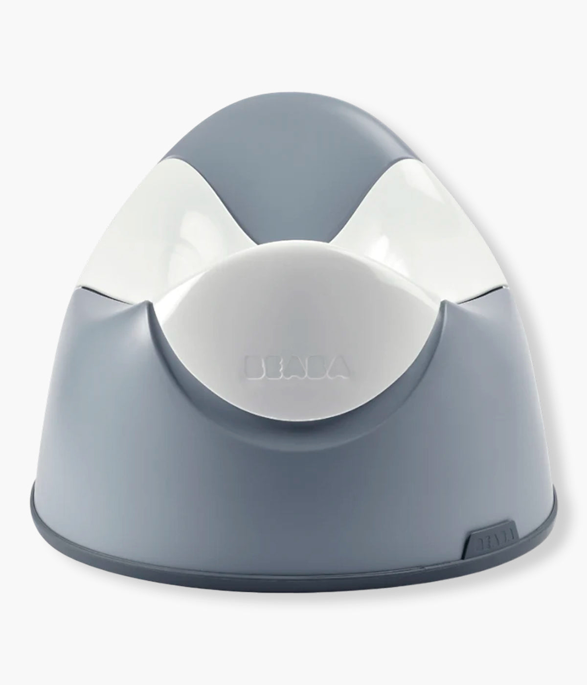 Vista frotal do bacio ergonómico Potty da Béaba na cor Light Mist (cinza). Prático pote para acompanhar o bebé numa das fases mais importantes do seu crescimento, o desfralde. Com um design pensado para conforto e segurança, torna esta aprendizagem mais simples e tranquila.