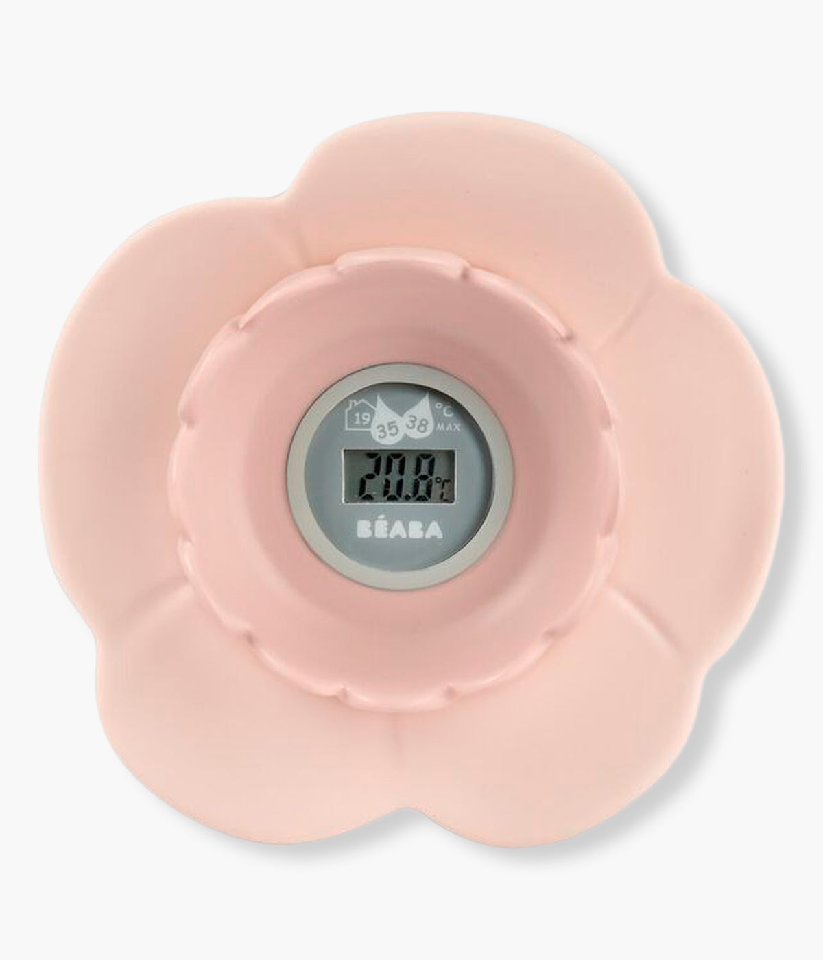 Termómetro Digital de Banho e Ambiente Lotus da Béaba na cor Old Pink (rosa). Prático termómetro digital multifunções que mede a temperatura da água do banho e do ambiente, com design flutuante em forma de flor de lótus, seguro e fácil de utilizar.