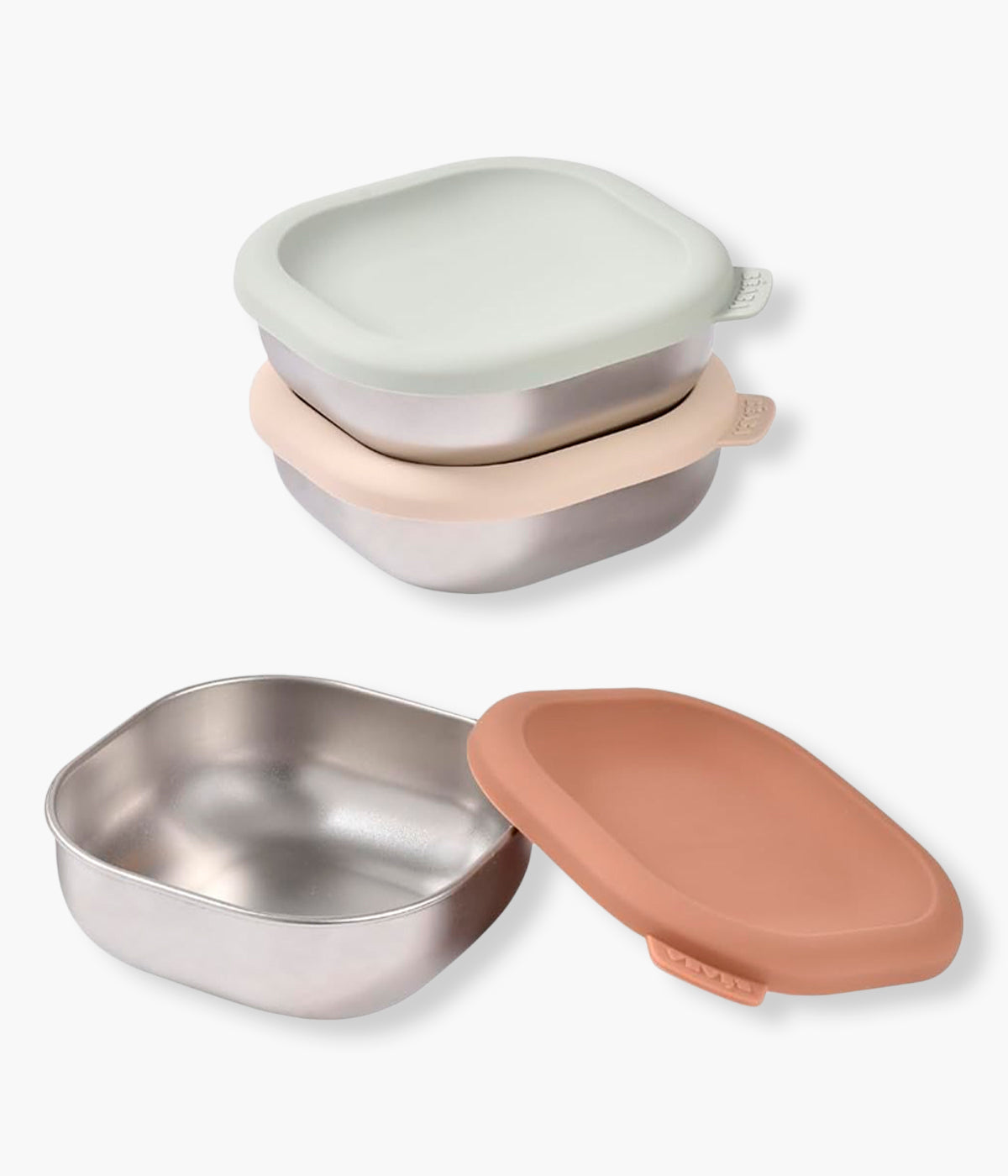 Vista frontal do conjunto de 3 recipientes de aço inoxidável com tampa de silicone da Béaba com capacidade para 250ml cada.