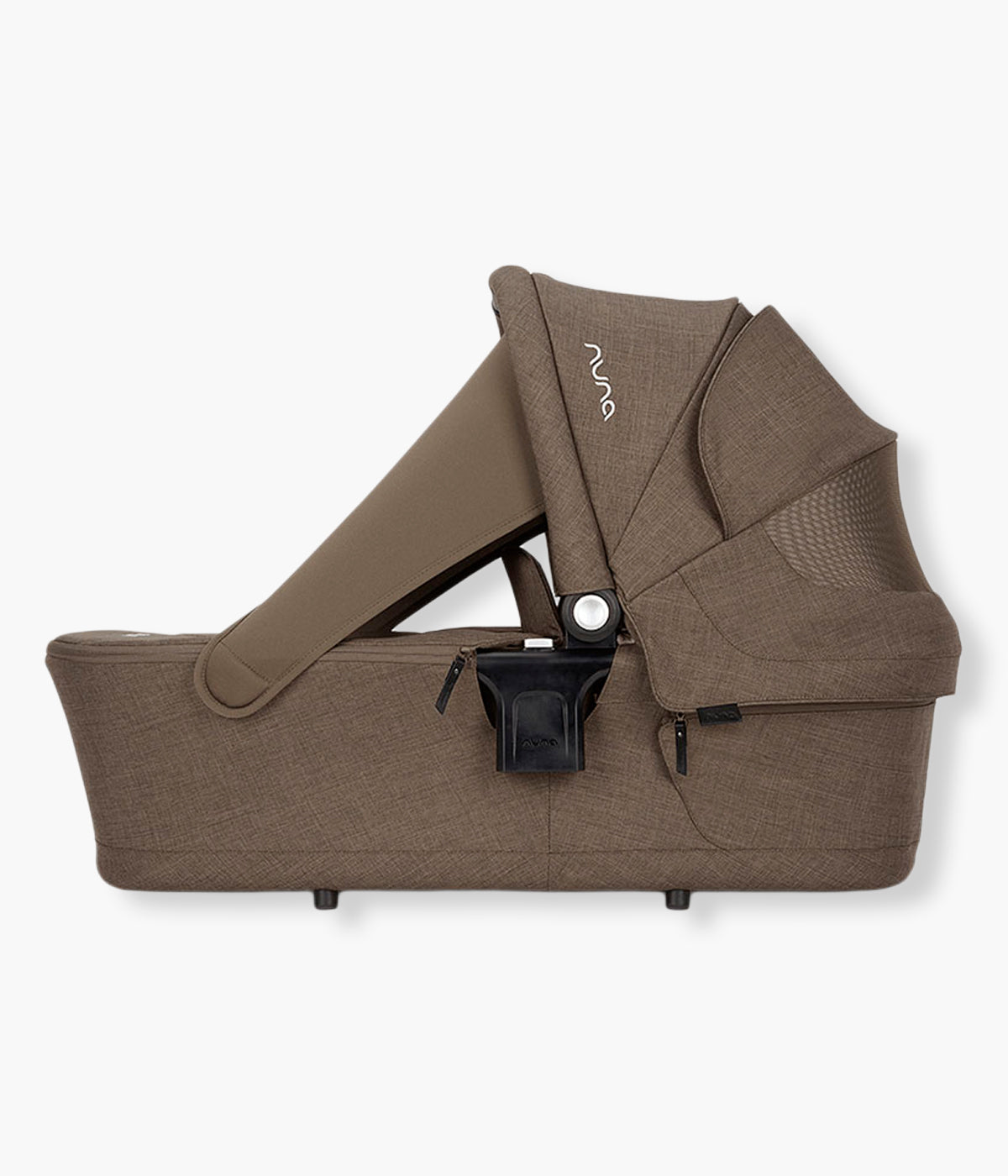Vista lateral com cortina da alcofa para carrinho de bebé Lytl da marca Nuna na cor Pistachio. Ultraleve alcofa premium que proporciona um espaço confortável e seguro para o recém-nascido desde o nascimento até aos 9kg.