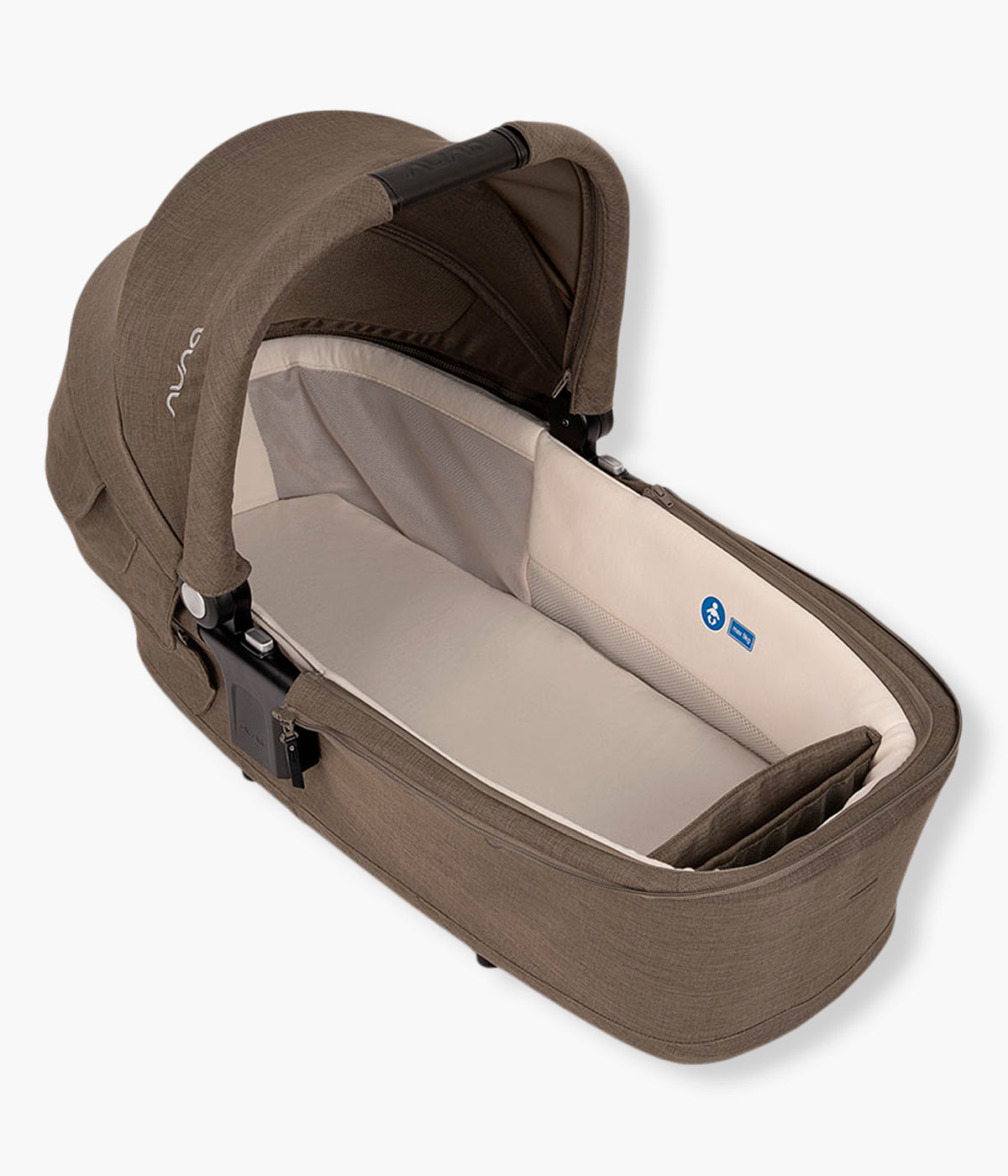 Vista lateral sem cortina da alcofa para carrinho de bebé Lytl da marca Nuna na cor Pistachio. Ultraleve alcofa premium que proporciona um espaço confortável e seguro para o recém-nascido desde o nascimento até aos 9kg.