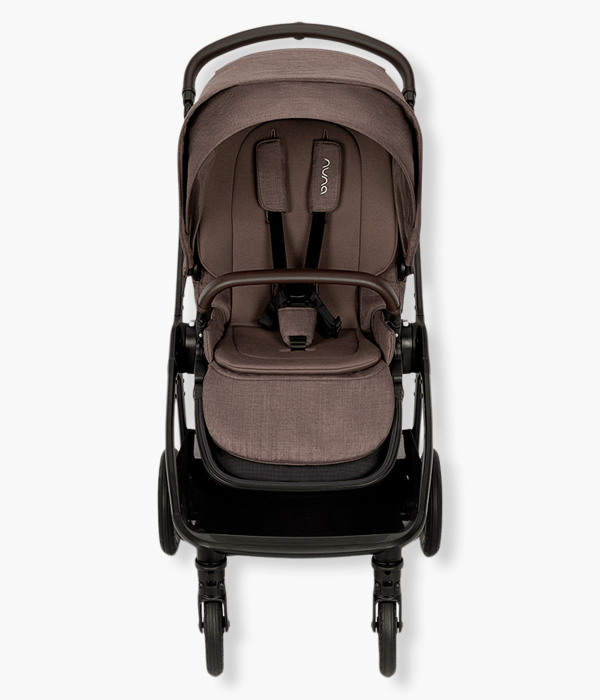 Vista frontal do carrinho de passeio Triv Next da marca Nuna na cor Chestnut. O Nuna Triv Next Chestnut é um carrinho de bebé compacto e premium, ideal para a vida urbana.
