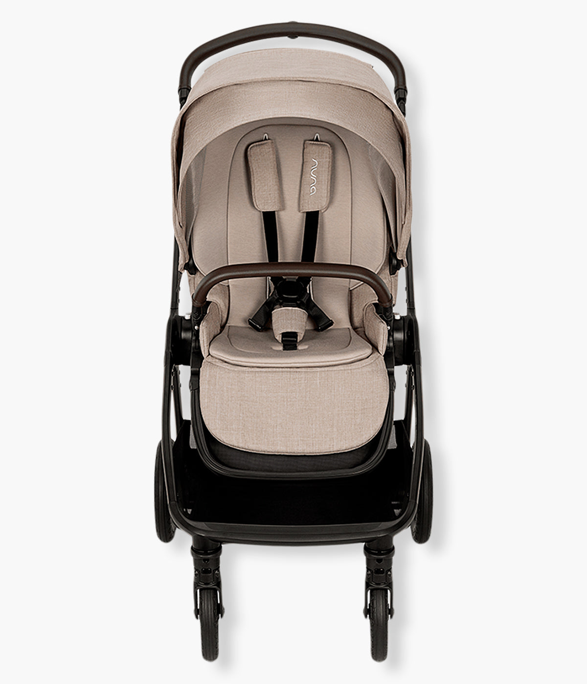 Vista frontal do carrinho de passeio Triv Next da marca Nuna na cor Chateau. Compacto e premium carrinho de bebé, ideal para a vida urbana.