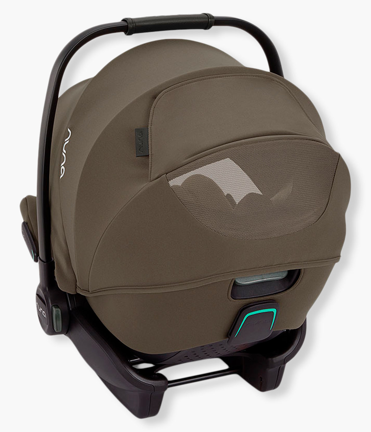Vista traseira da babycoque para bebé Arra Flex da marca Nuna na cor Pistachio. Premium babycoque i-Size leve e reclinável, adequada desde o nascimento até aos 87cm.