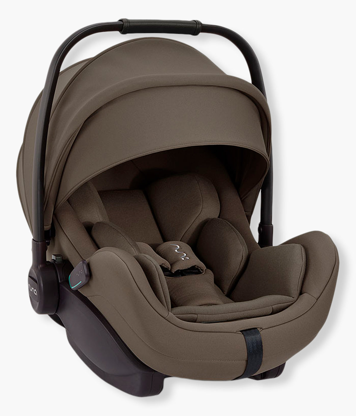 Vista lateral da babycoque para bebé Arra Flex da marca Nuna na cor Pistachio. Premium babycoque i-Size leve e reclinável, adequada desde o nascimento até aos 87cm. As três posições de reclinação, incluindo uma posição ergonómica de 157°, proporcionam maior conforto no automóvel, no avião e no carrinho de bebé.