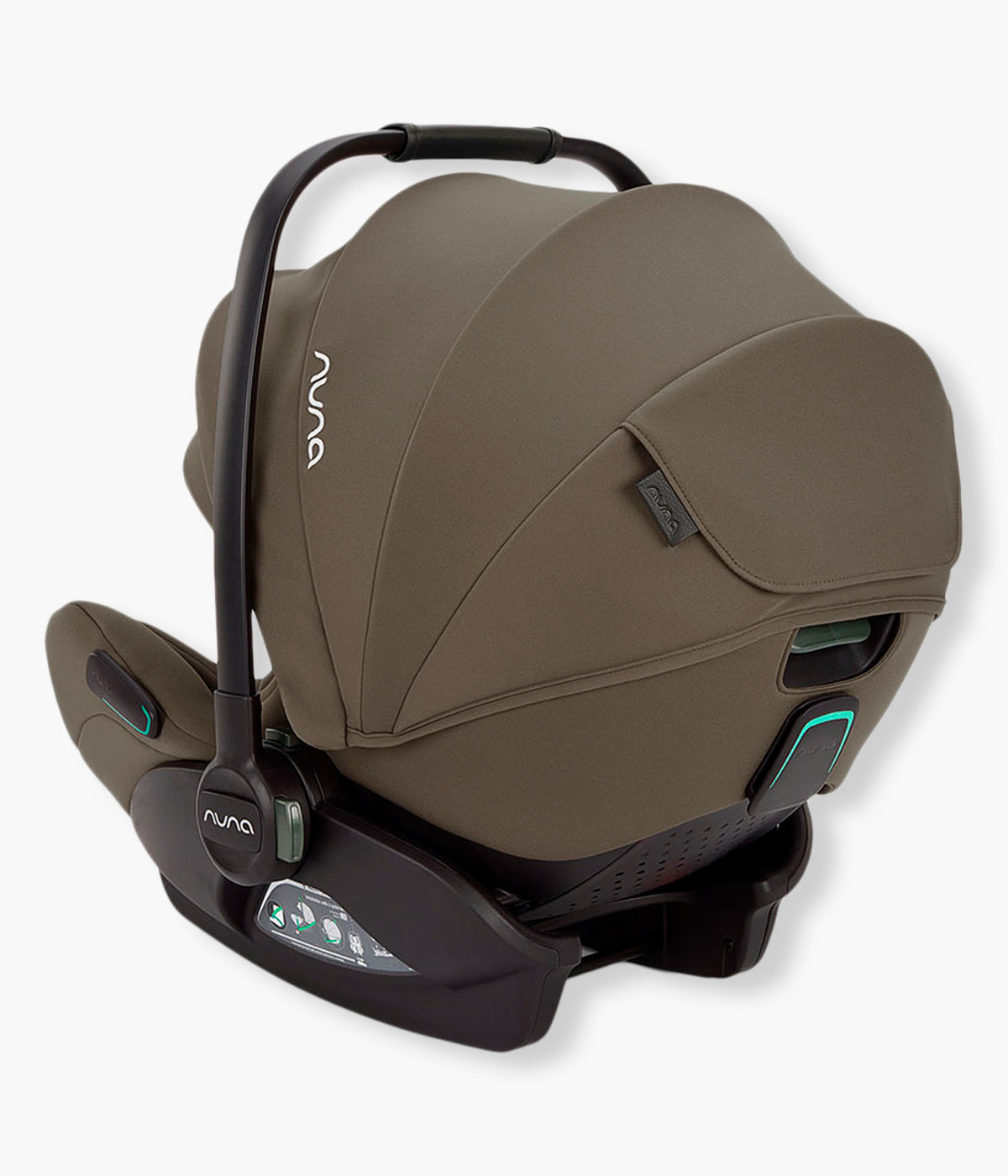 Vista traseira da babycoque para bebé Arra Flex da marca Nuna na cor Pistachio. Premium babycoque i-Size leve e reclinável, adequada desde o nascimento até aos 87cm.