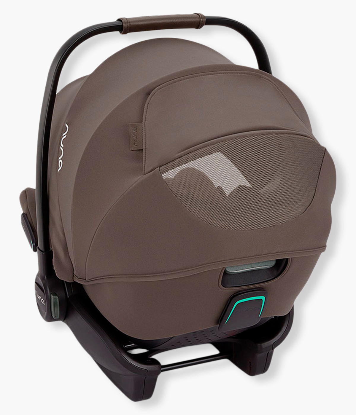 Vista da janela traseira da babycoque para bebé Arra flex da marca Nuna na cor Chestnut. Premium babycoque i-Size leve e reclinável, adequada desde o nascimento até aos 87cm.