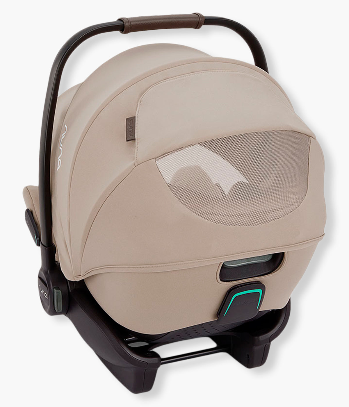 Vista traseira com janela aberta da babycoque para bebé Arra flex da marca Nuna na cor Chateau. Premium babycoque i-Size leve e reclinável, adequada desde o nascimento até aos 87cm.
