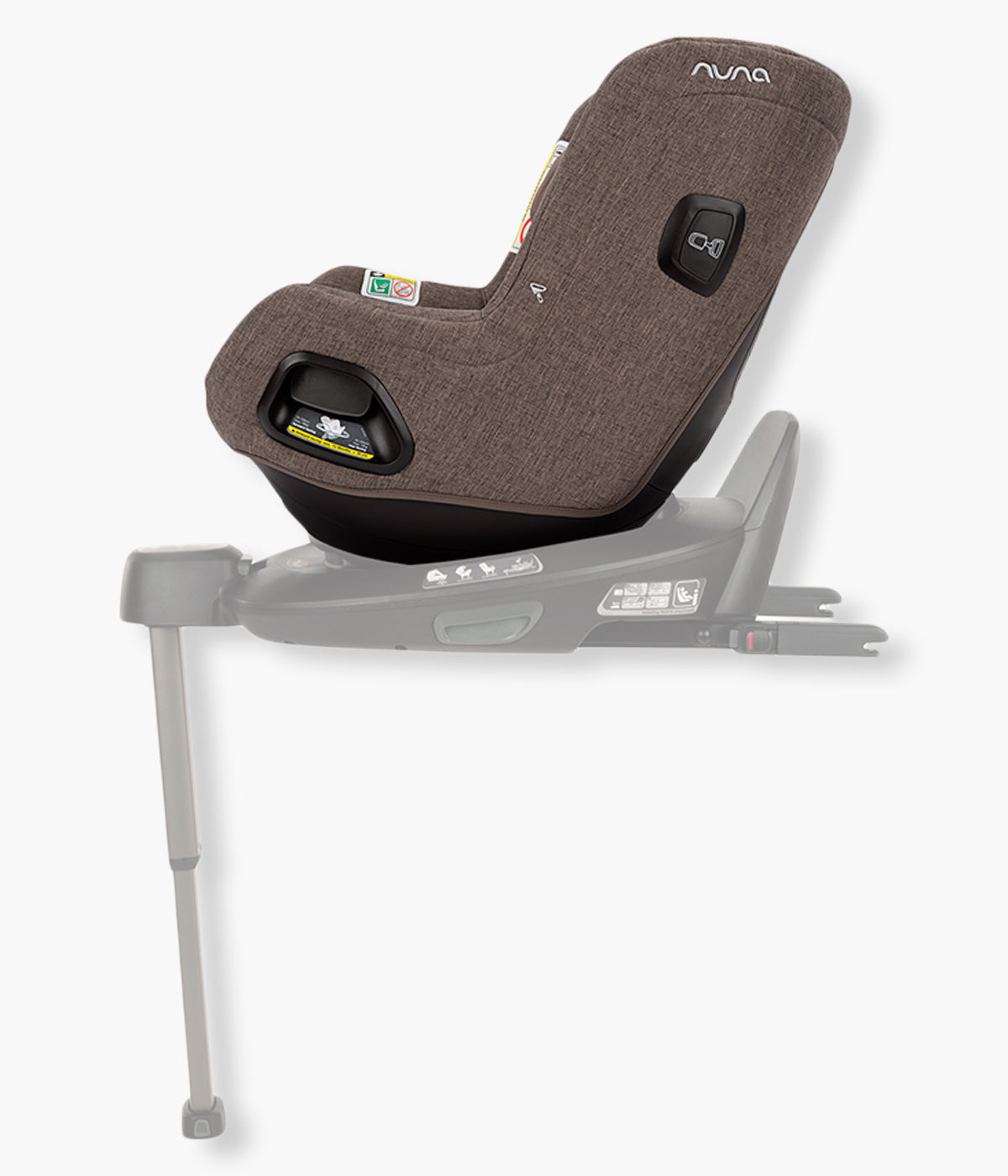 Vista lateral instalada numa base nuna next da cadeira auto para bebé Todl Next da marca Nuna na cor Chestnut. A Nuna Todl Next é uma cadeira auto rotativa i-Size concebida para acompanhar o crescimento do bebé desde o nascimento até aos 105 cm.