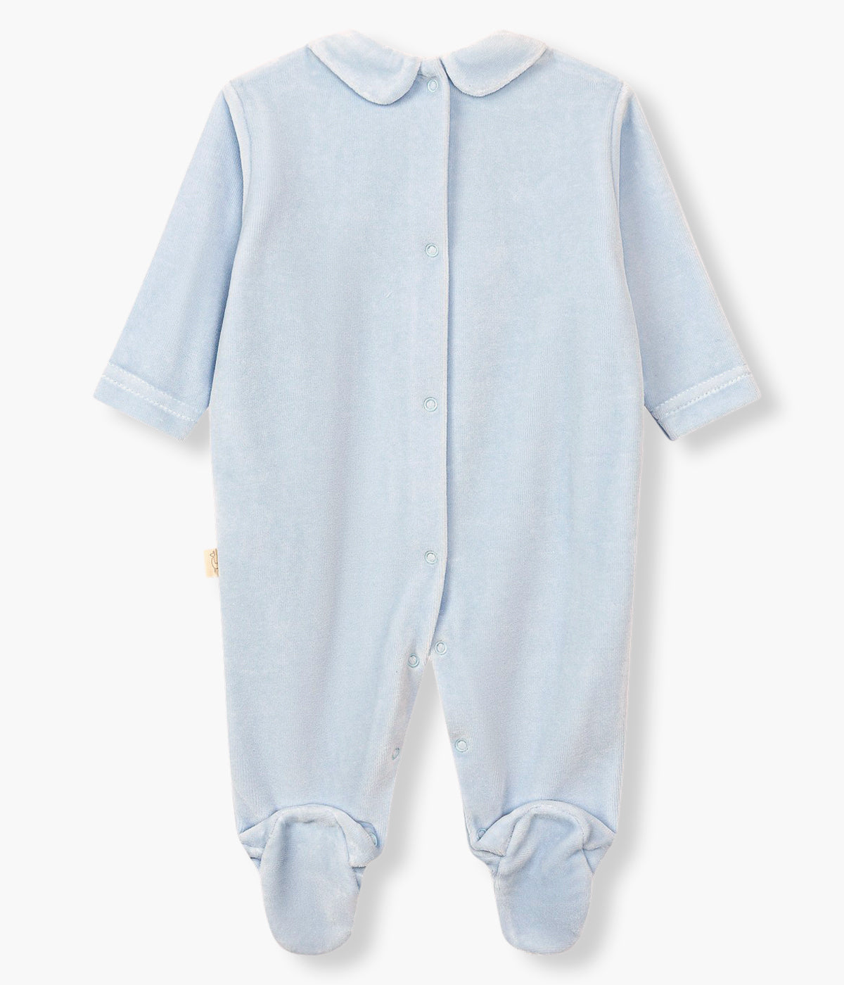 Vista costas do babygrow em veludo azul pastel da Baby Gi para bebé e recém-nascido(a). Gola redonda cortada. Balão de ar quente bordado&nbsp;no peito. Abertura com molas de pressão nas costas e entrepernas.
