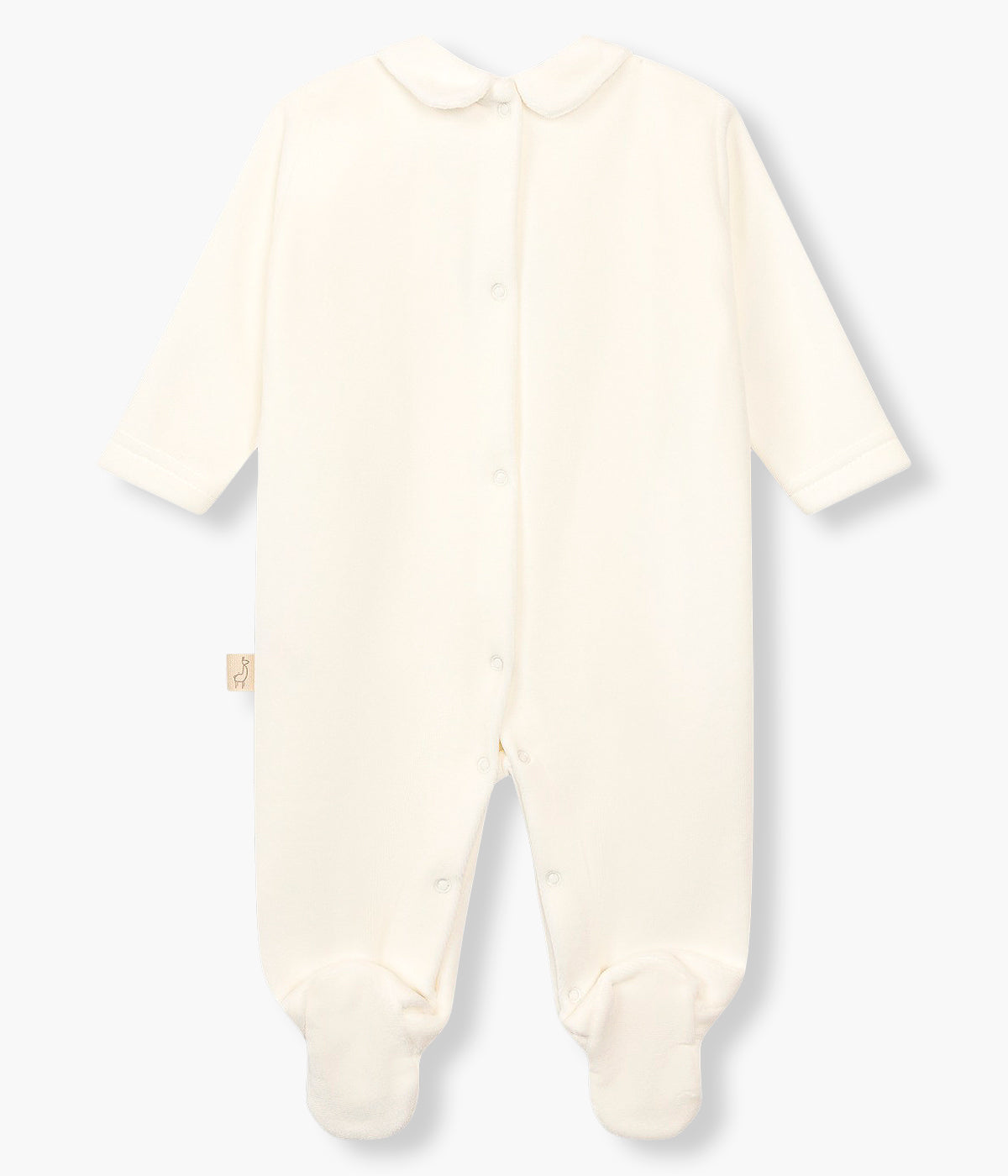 Vista de costas do babygrow em veludo pérola da Baby Gi para bebé e recém-nascido(a). Gola redonda cortada. Balão de ar quente bordado em tons de azul no peito. Abertura com molas de pressão nas costas e entrepernas.