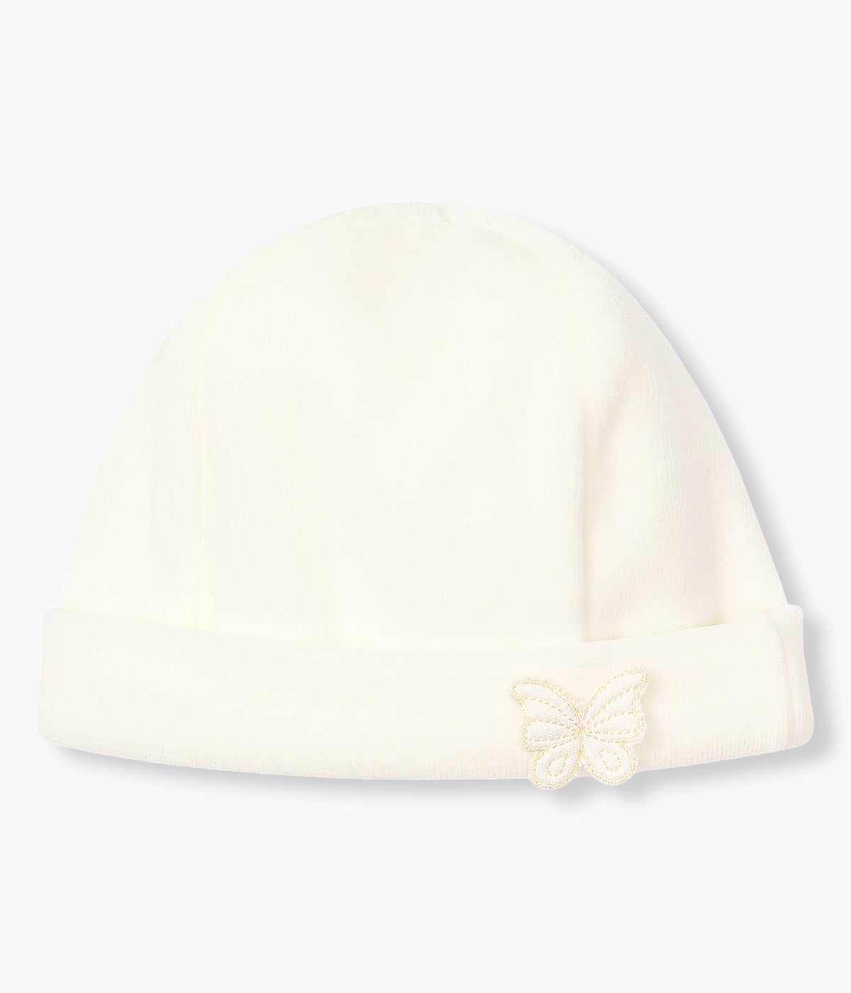 Vista frontal do gorro em veludo pérola da Baby Gi para bebé menina e recém-nascida. Forro em algodão sem costuras. Dobra com pequena borboleta branca na dobra.