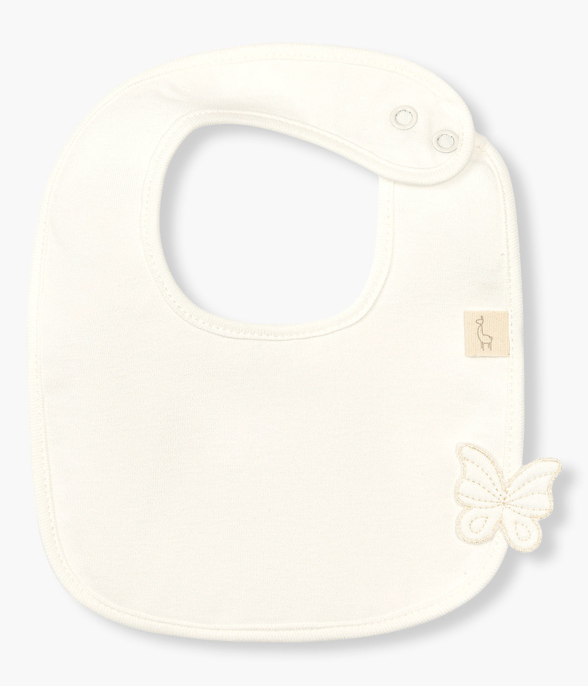 Vista frontal da babete pérola da Baby Gi para bebé menina e recém-nascida, 100% algodão. Elegante babete de formato quadrado com pequena borboleta em branco no canto.